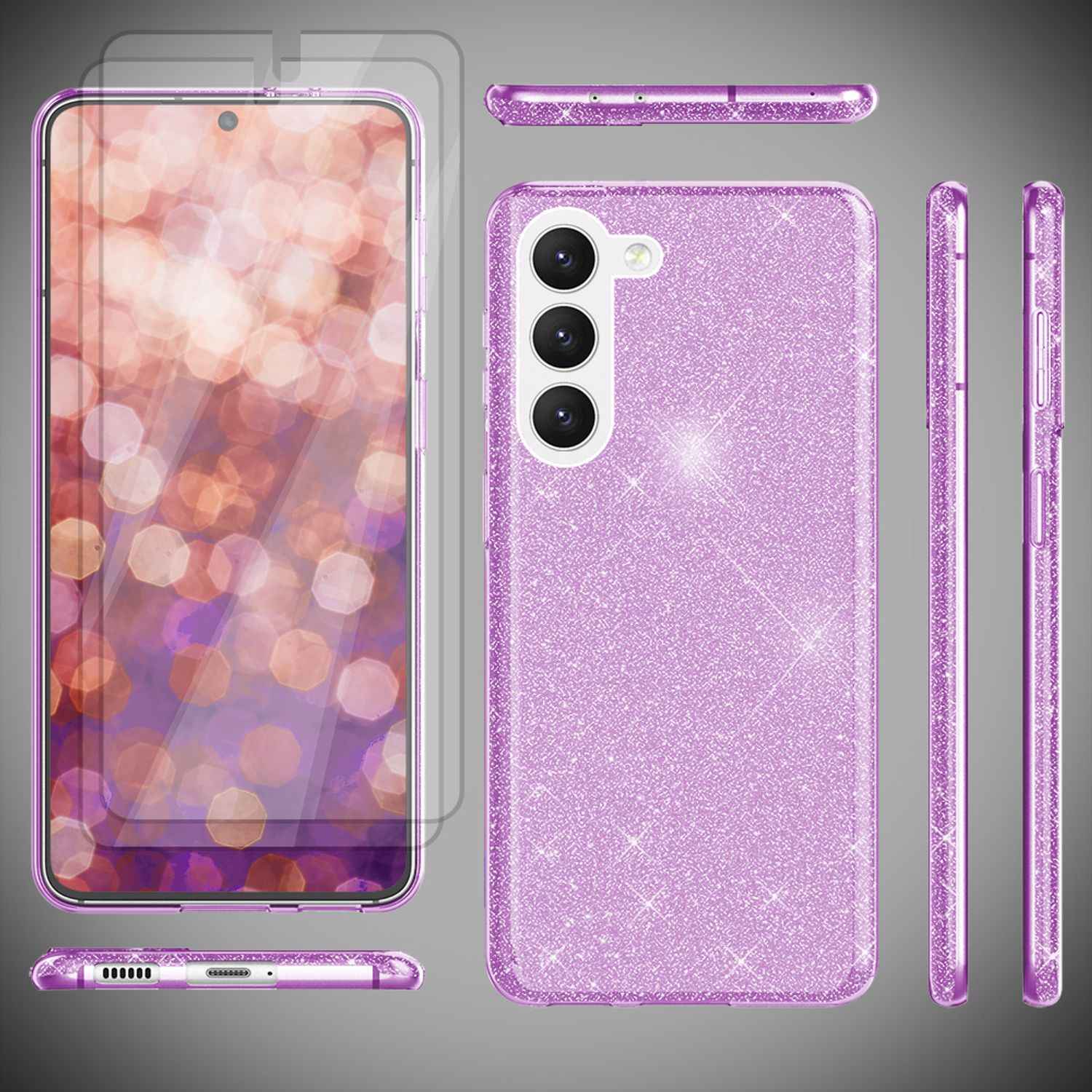 Glitzer Hybrid Hülle für Samsung Galaxy S23 Plus, 2x Displayschutz Glas