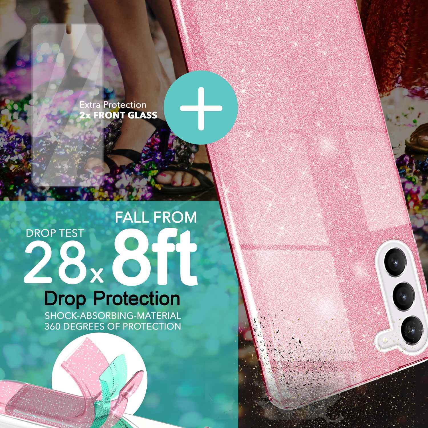 Glitzer Hybrid Hülle für Samsung Galaxy S23 Plus, 2x Displayschutz Glas