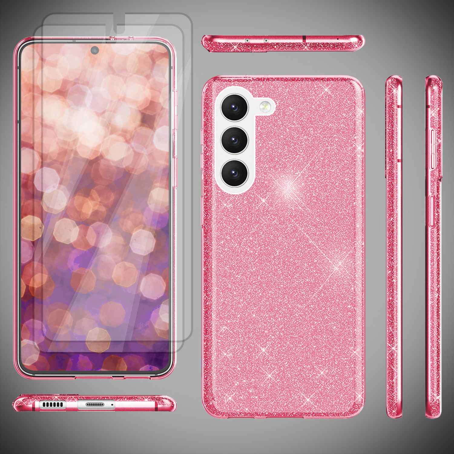 Glitzer Hybrid Hülle für Samsung Galaxy S23 Plus, 2x Displayschutz Glas