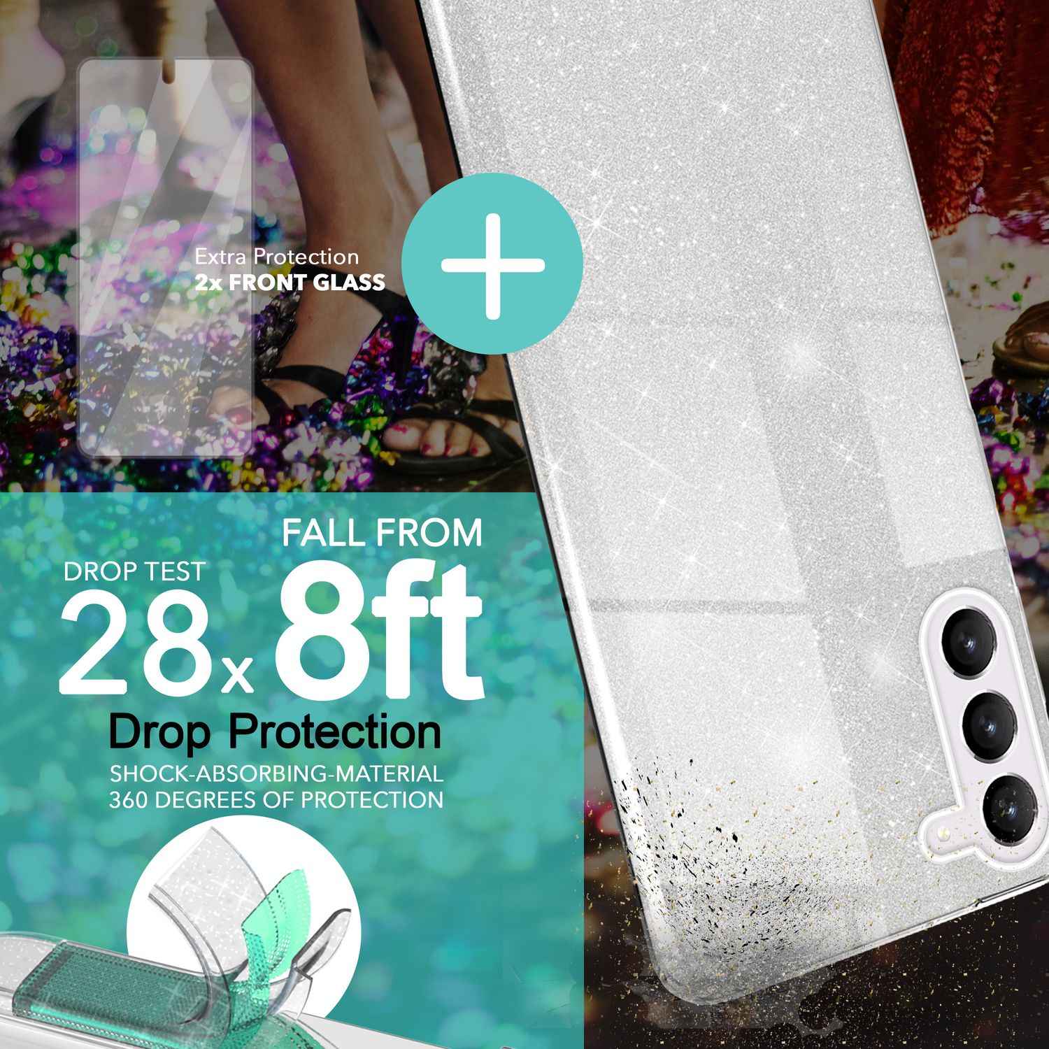 Glitzer Hybrid Hülle für Samsung Galaxy S23 Plus, 2x Displayschutz Glas