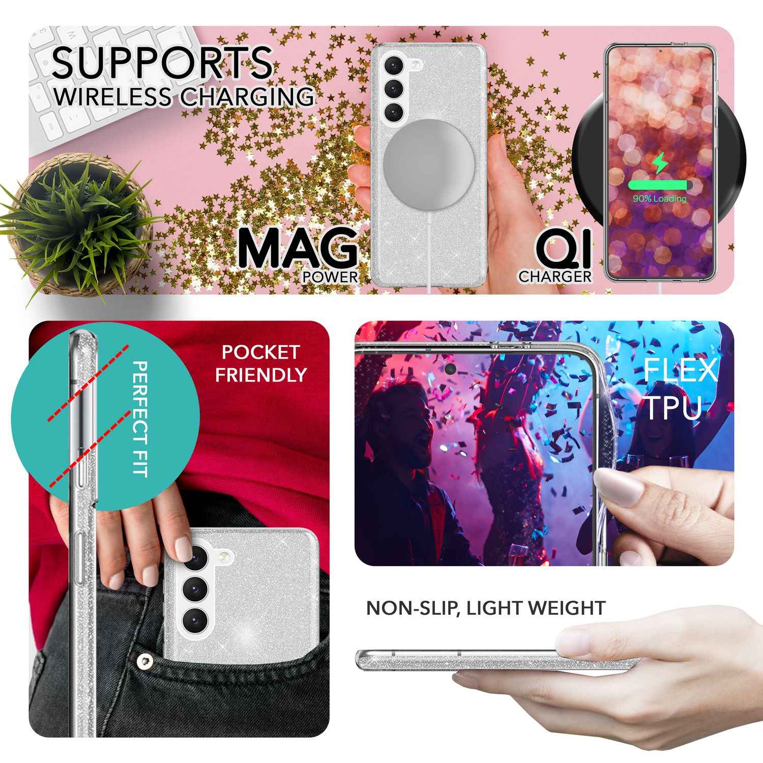 Glitzer Hybrid Hülle für Samsung Galaxy S23 Plus, 2x Displayschutz Glas