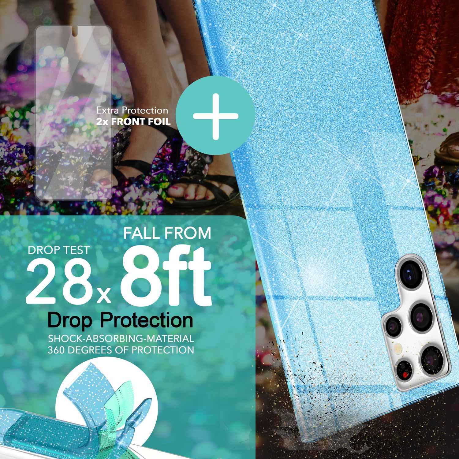 Glitzer Hybrid Hülle für Samsung Galaxy S23 Ultra, 2x Displayschutz