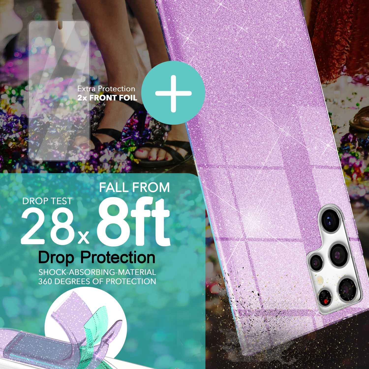 Glitzer Hybrid Hülle für Samsung Galaxy S23 Ultra, 2x Displayschutz