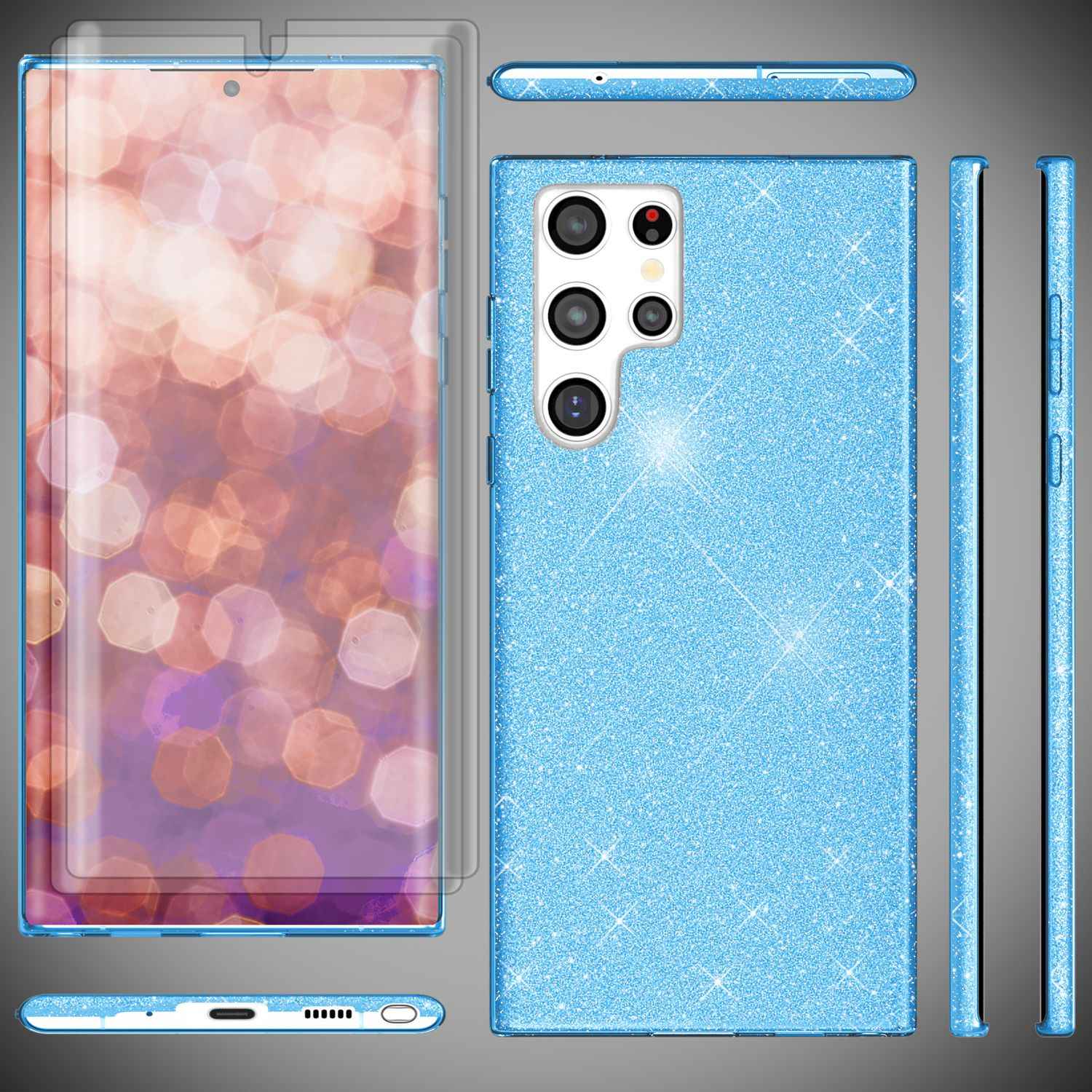 Glitzer Hybrid Hülle für Samsung Galaxy S23 Ultra, 2x Displayschutz