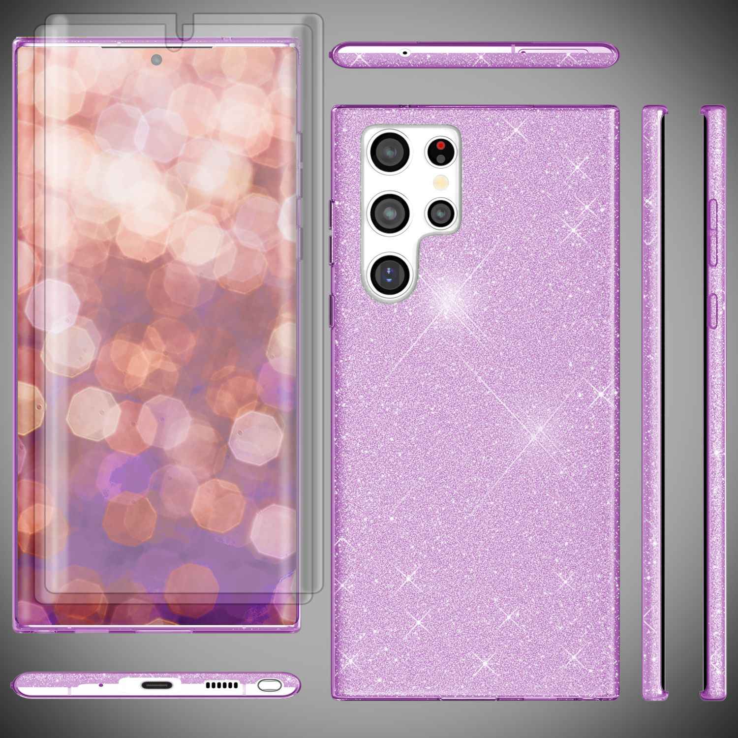 Glitzer Hybrid Hülle für Samsung Galaxy S23 Ultra, 2x Displayschutz