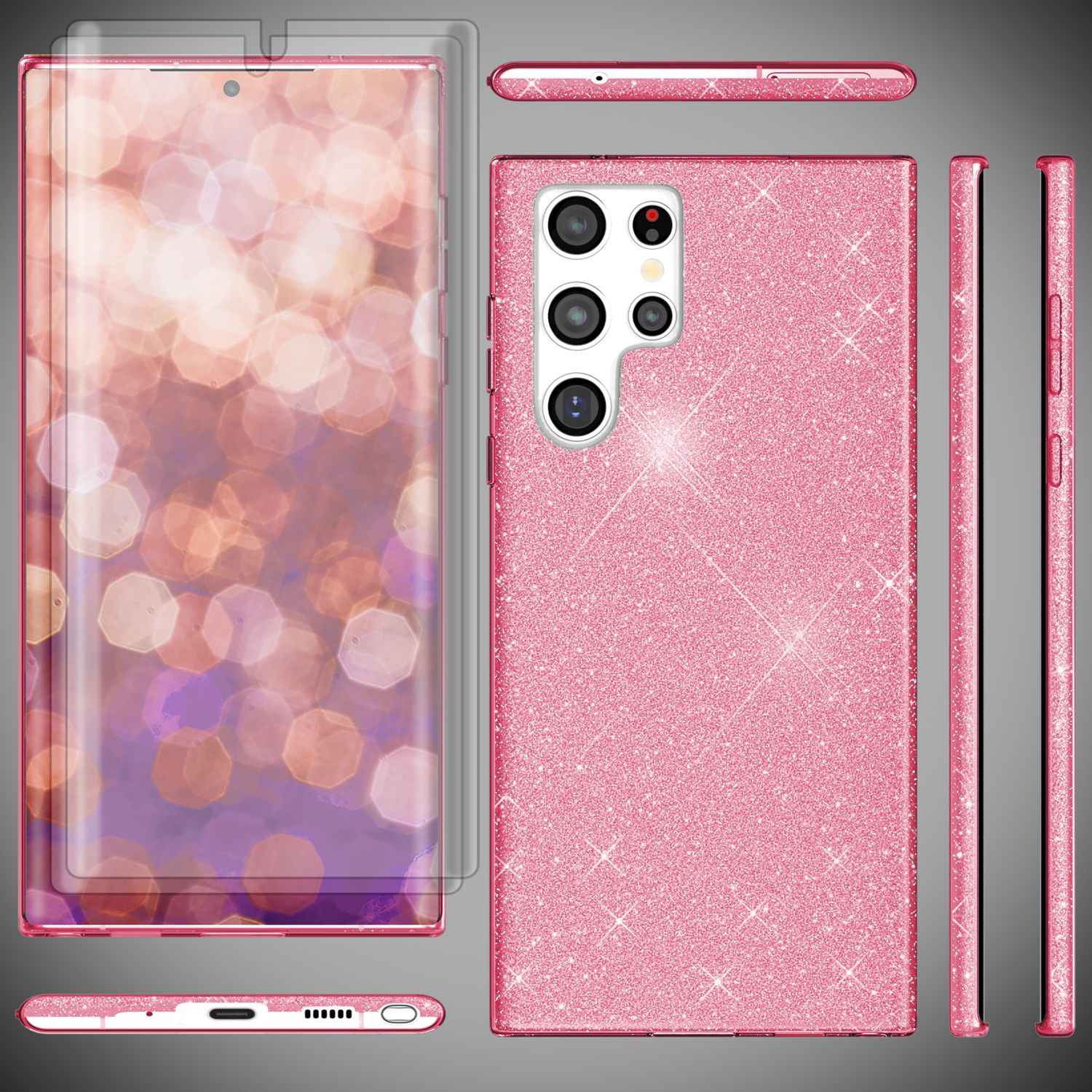 Glitzer Hybrid Hülle für Samsung Galaxy S23 Ultra, 2x Displayschutz