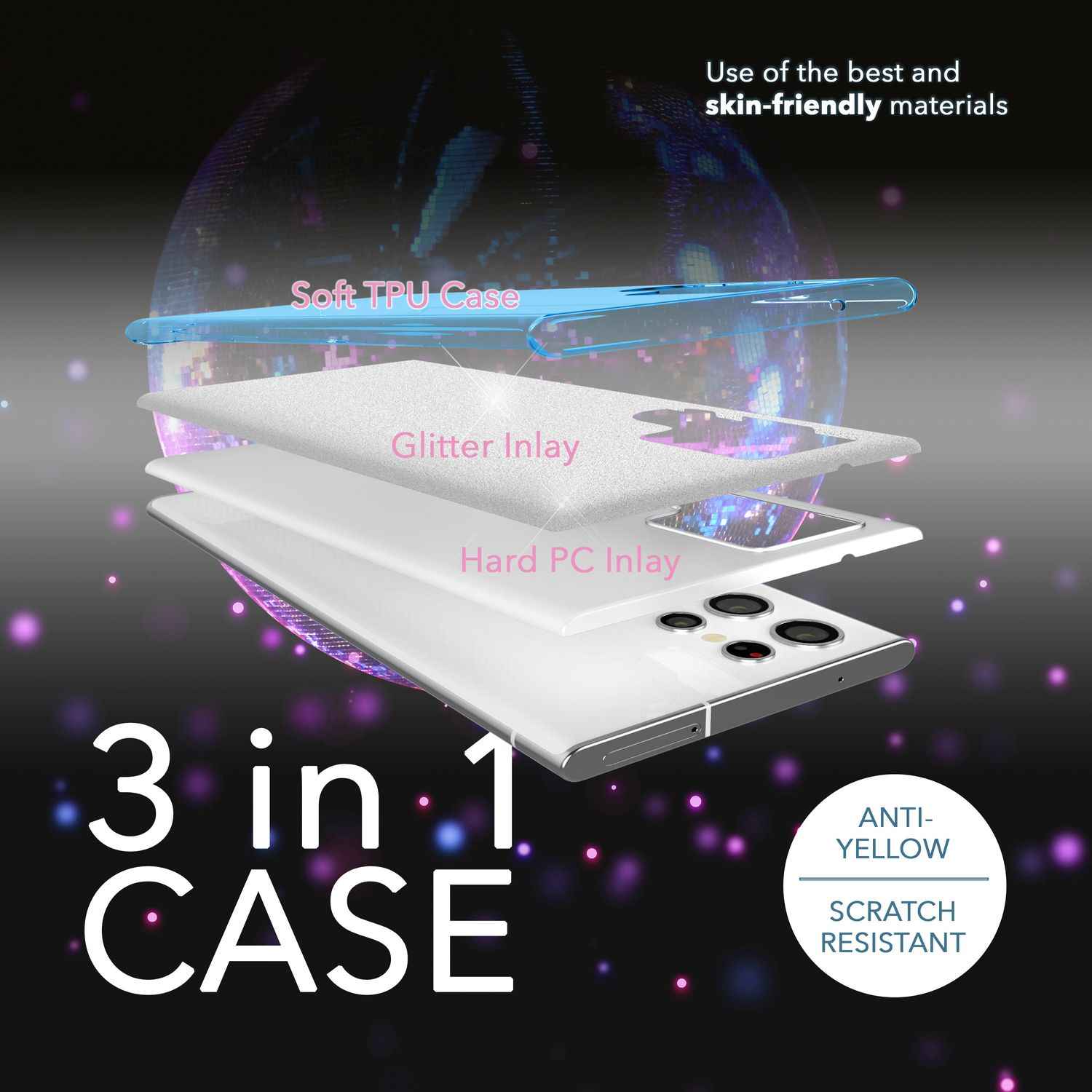 Glitzer Hybrid Hülle für Samsung Galaxy S23 Ultra, 2x Displayschutz