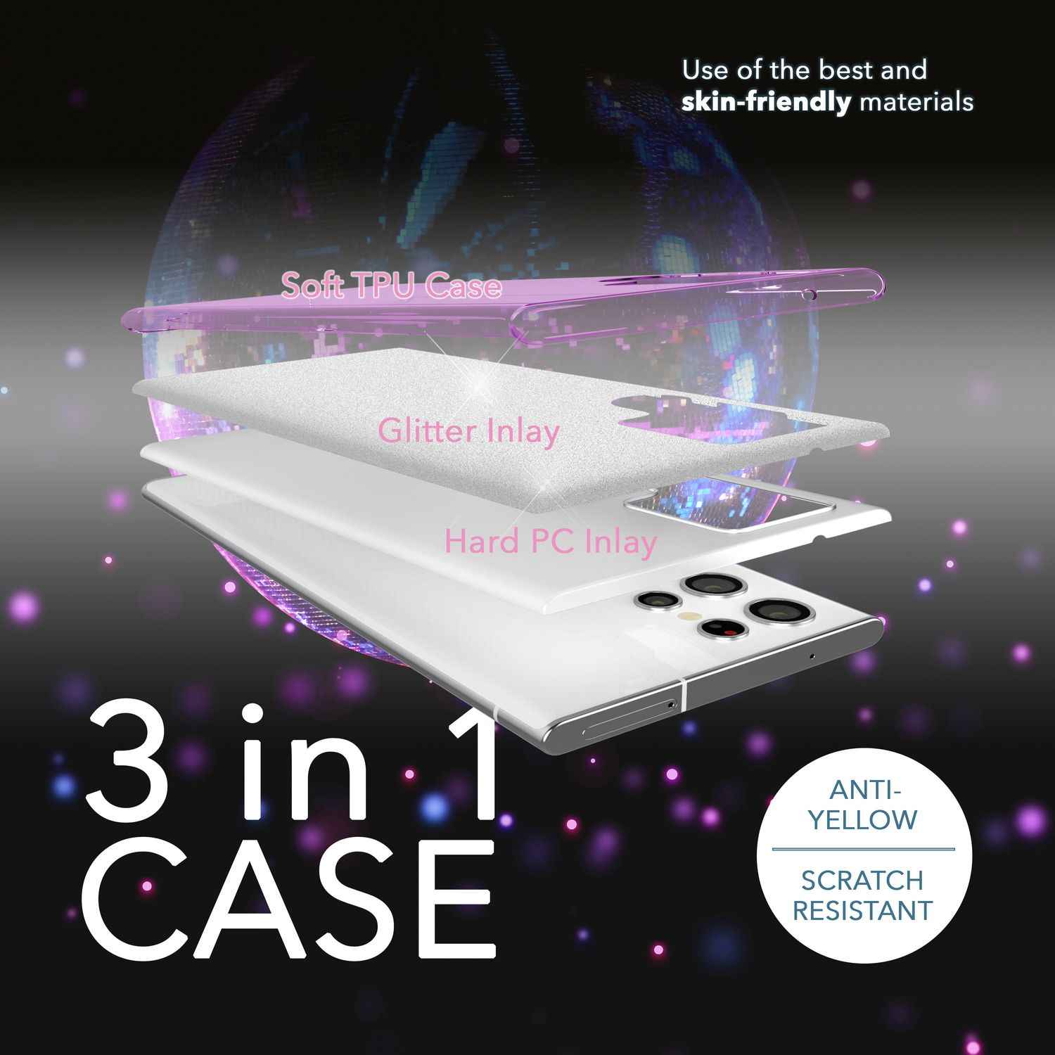 Glitzer Hybrid Hülle für Samsung Galaxy S23 Ultra, 2x Displayschutz