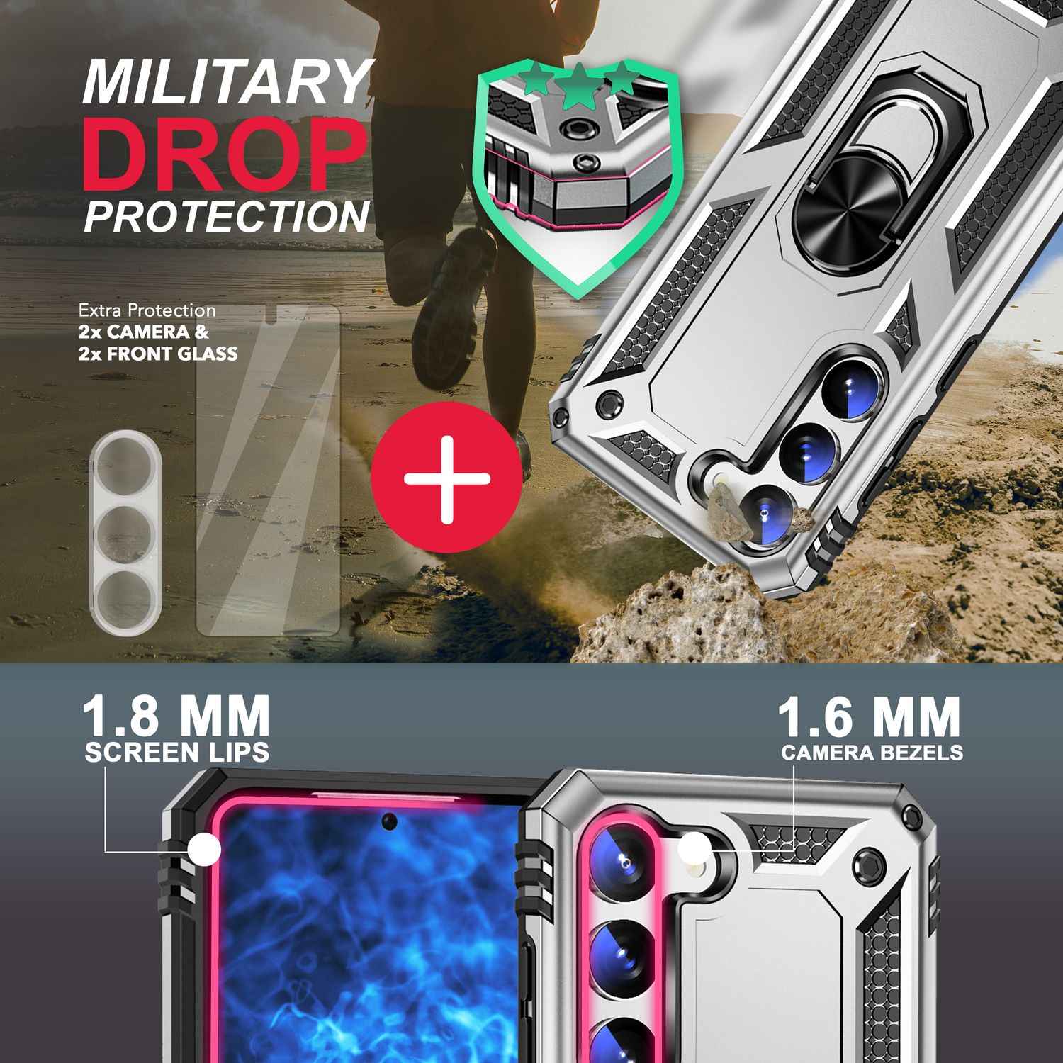 Military Ring Hülle für Samsung Galaxy S23, 2x Display- & Kameraschutz