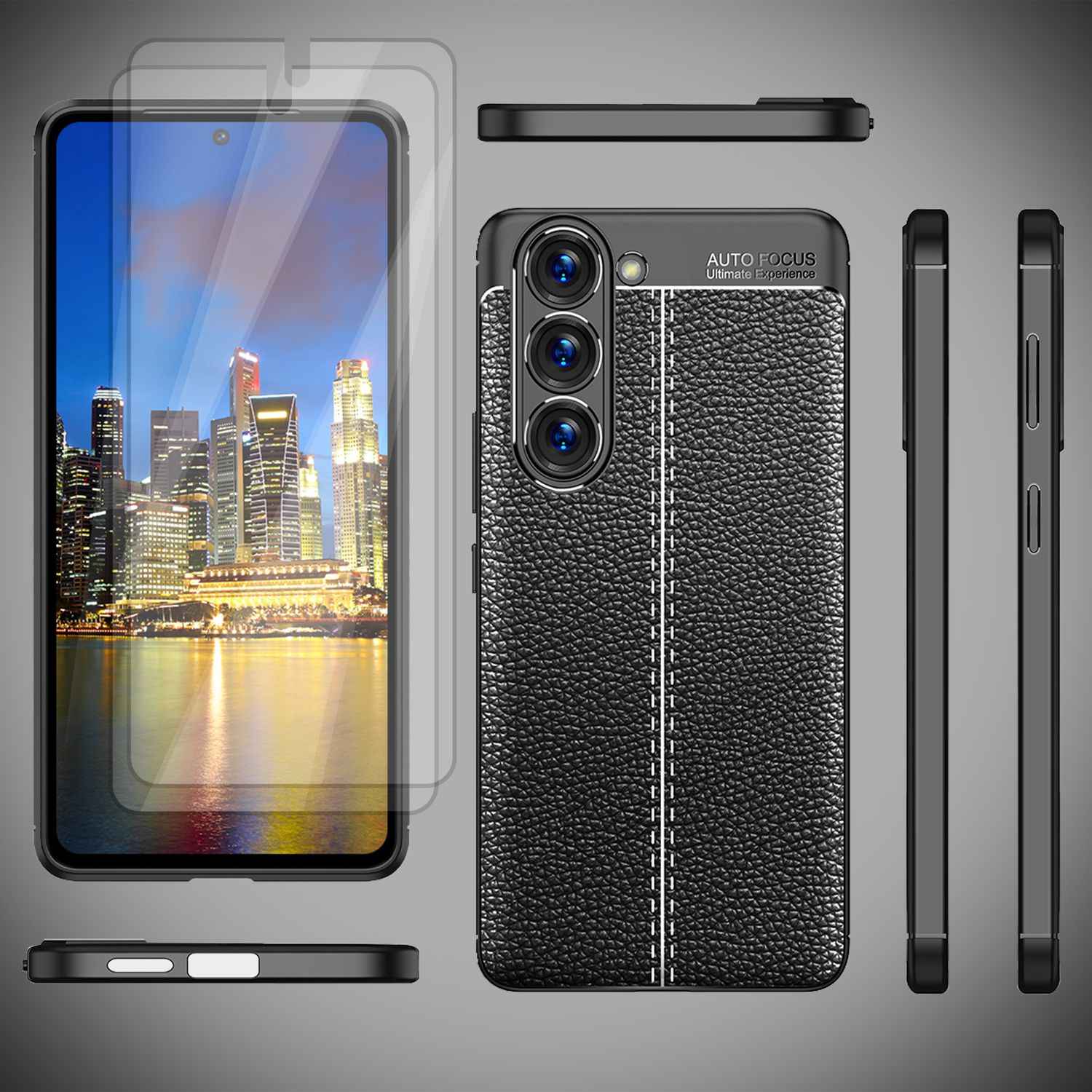 Leder Look Silikon Hülle für Samsung Galaxy S23, 2x Displayschutz Glas, Schwarz