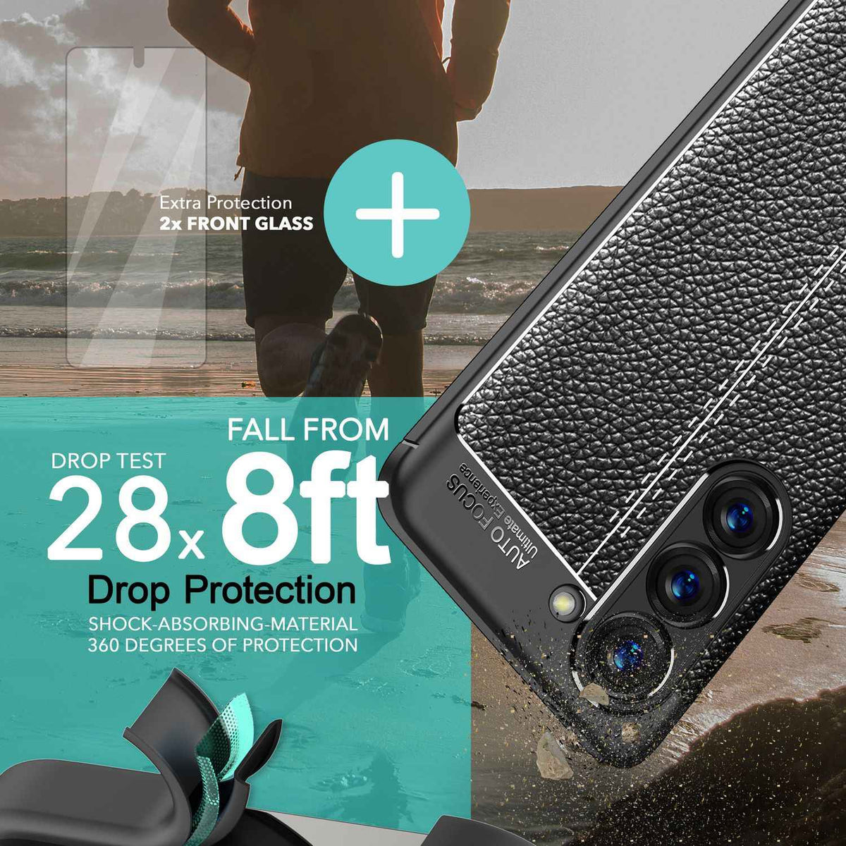 Leder Look Silikon Hülle für Samsung Galaxy S23 Plus, 2x Displayschutz, Schwarz