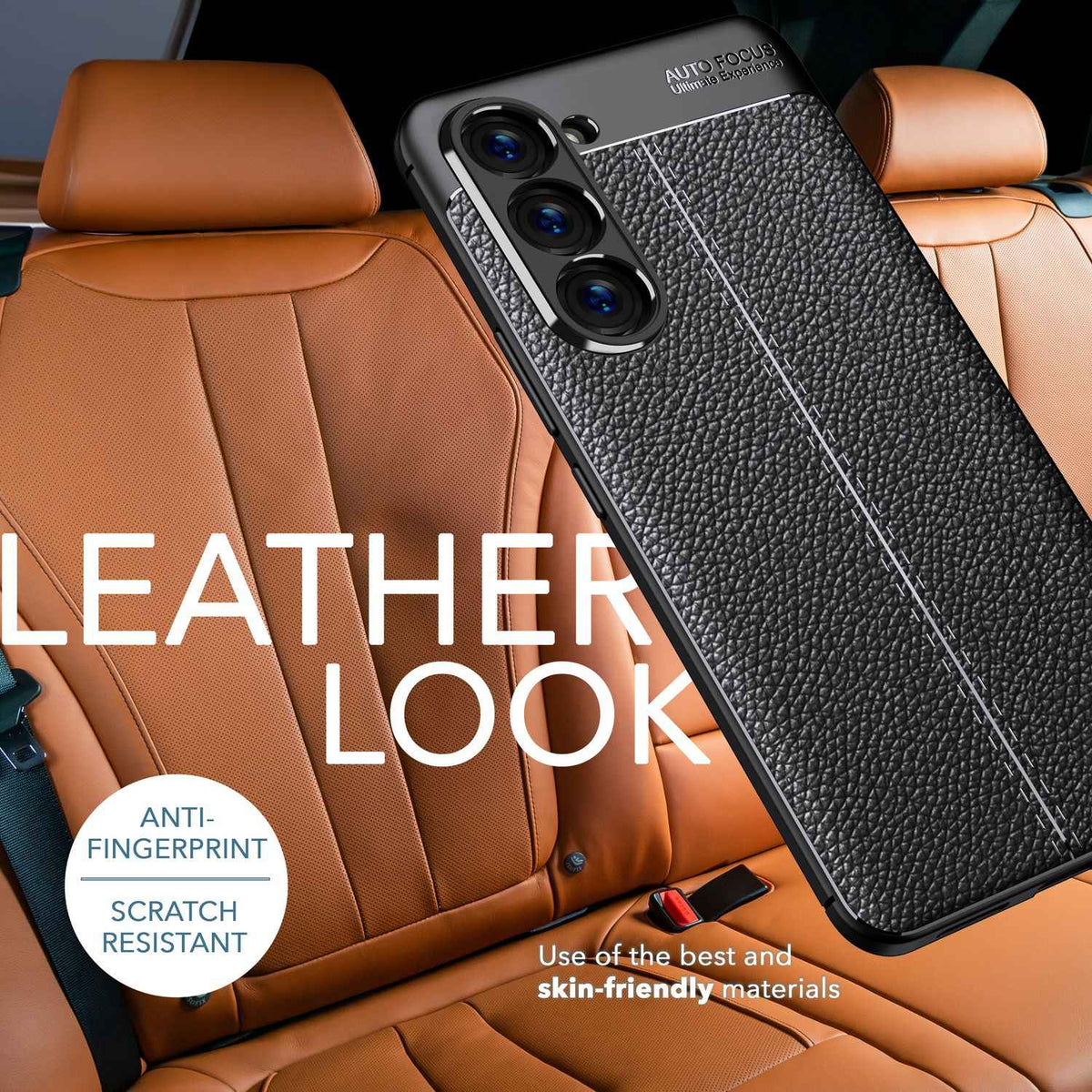 Leder Look Silikon Hülle für Samsung Galaxy S23 Plus, 2x Displayschutz, Schwarz