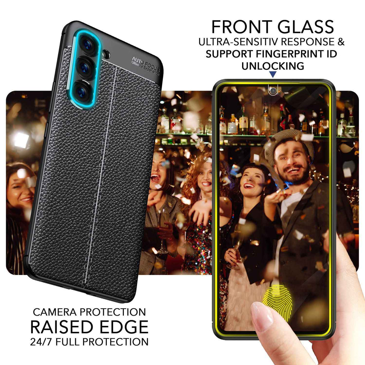 Leder Look Silikon Hülle für Samsung Galaxy S23 Plus, 2x Displayschutz, Schwarz