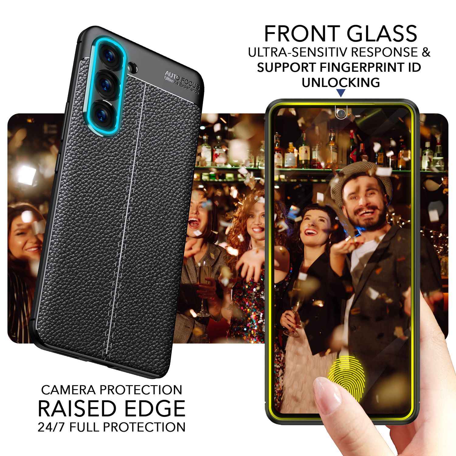 Leder Look Silikon Hülle für Samsung Galaxy S23 Plus, 2x Displayschutz, Schwarz