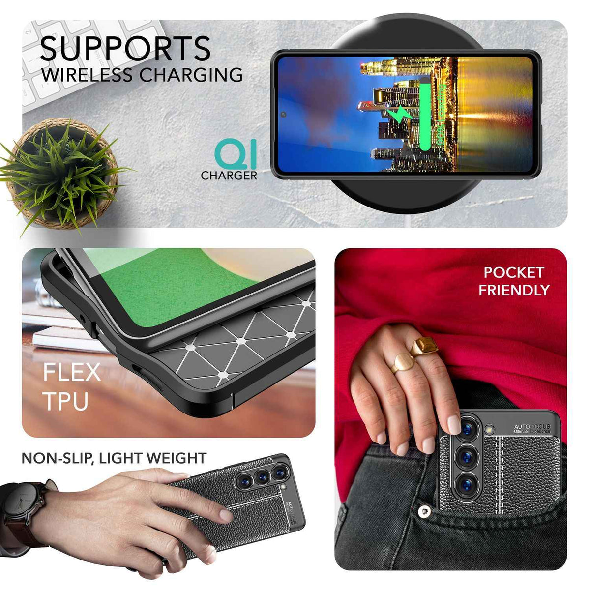 Leder Look Silikon Hülle für Samsung Galaxy S23 Plus, 2x Displayschutz, Schwarz