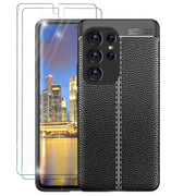Leder Look Silikon Hülle für Samsung Galaxy S23 Ultra, 2x Displayschutz, Schwarz