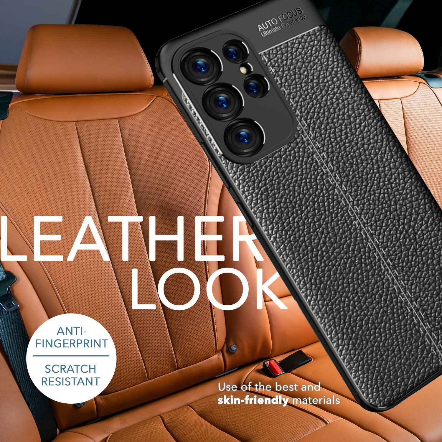 Leder Look Silikon Hülle für Samsung Galaxy S23 Ultra, 2x Displayschutz, Schwarz
