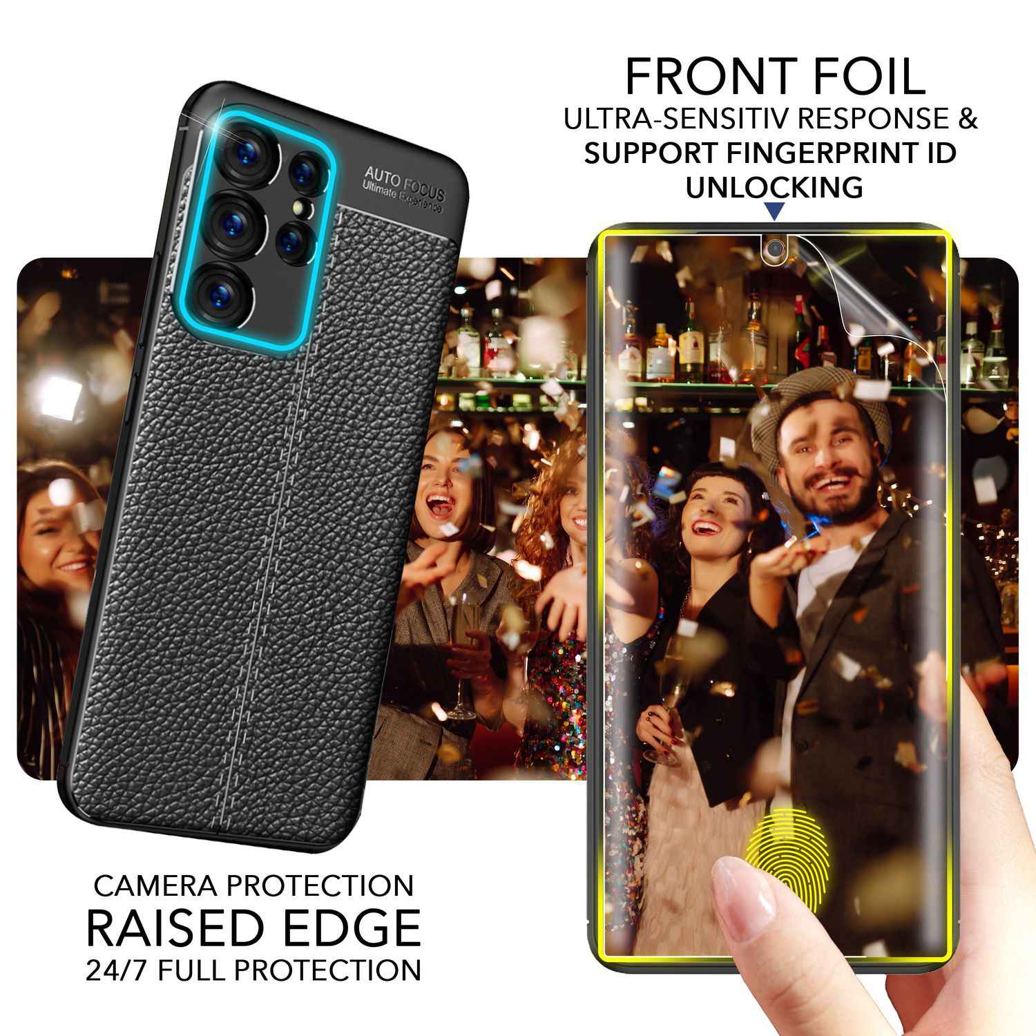 Leder Look Silikon Hülle für Samsung Galaxy S23 Ultra, 2x Displayschutz, Schwarz