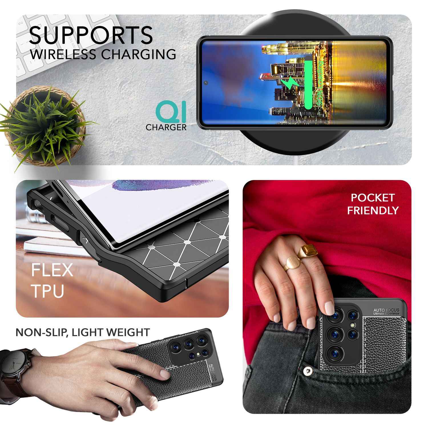 Leder Look Silikon Hülle für Samsung Galaxy S23 Ultra, 2x Displayschutz, Schwarz