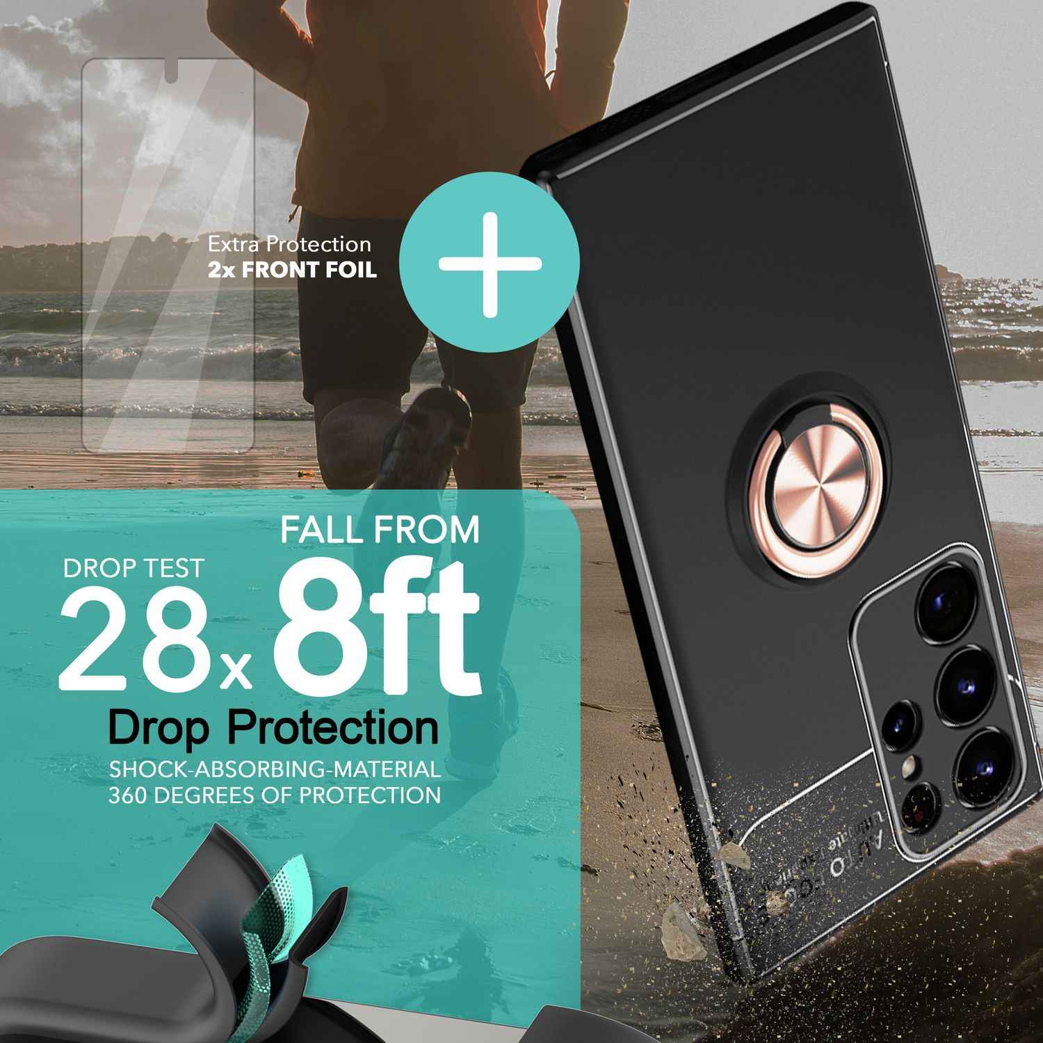Ring Silikon Hülle für Samsung Galaxy S23 Ultra, 2x Displayschutz