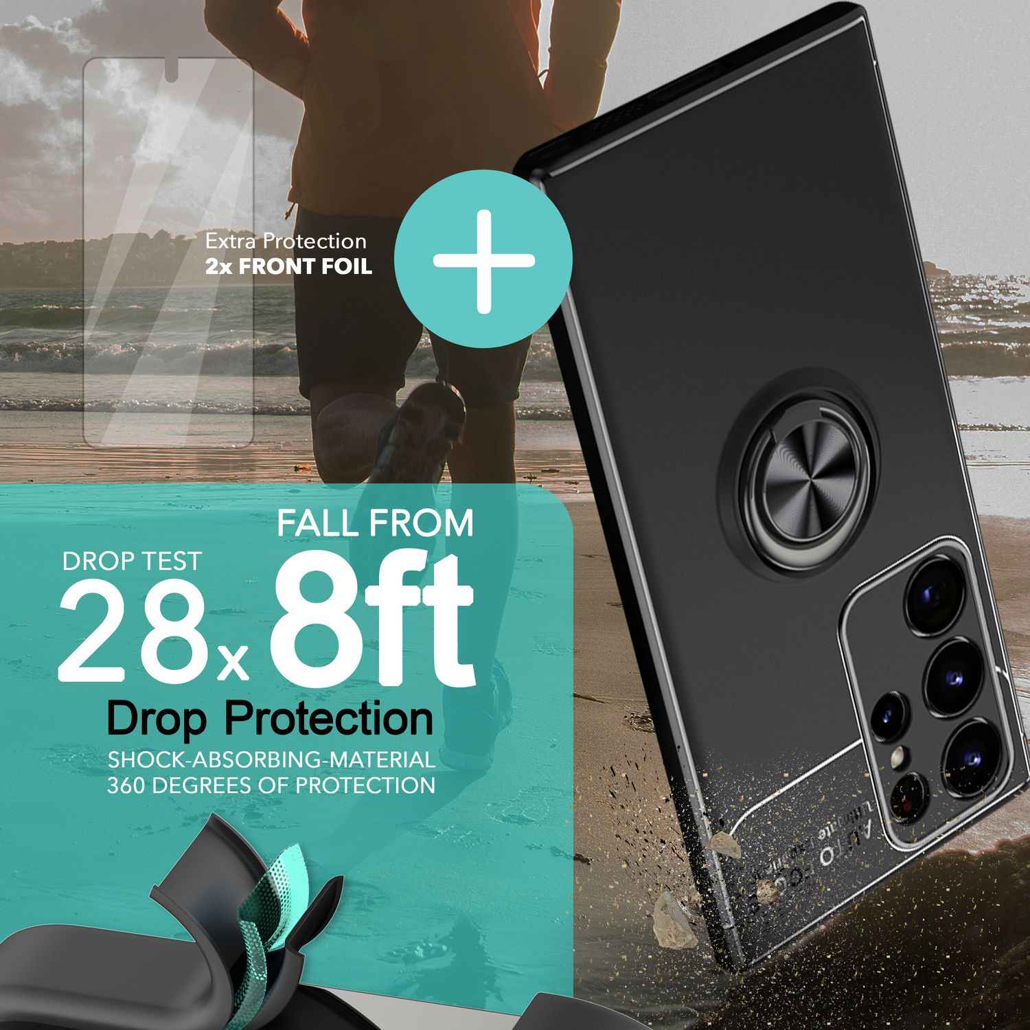 Ring Silikon Hülle für Samsung Galaxy S23 Ultra, 2x Displayschutz
