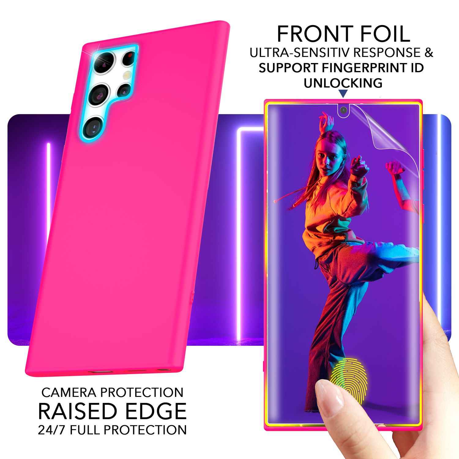 Bunte Neon Silikon Hülle für Samsung Galaxy S23 Ultra, 2x Displayschutz
