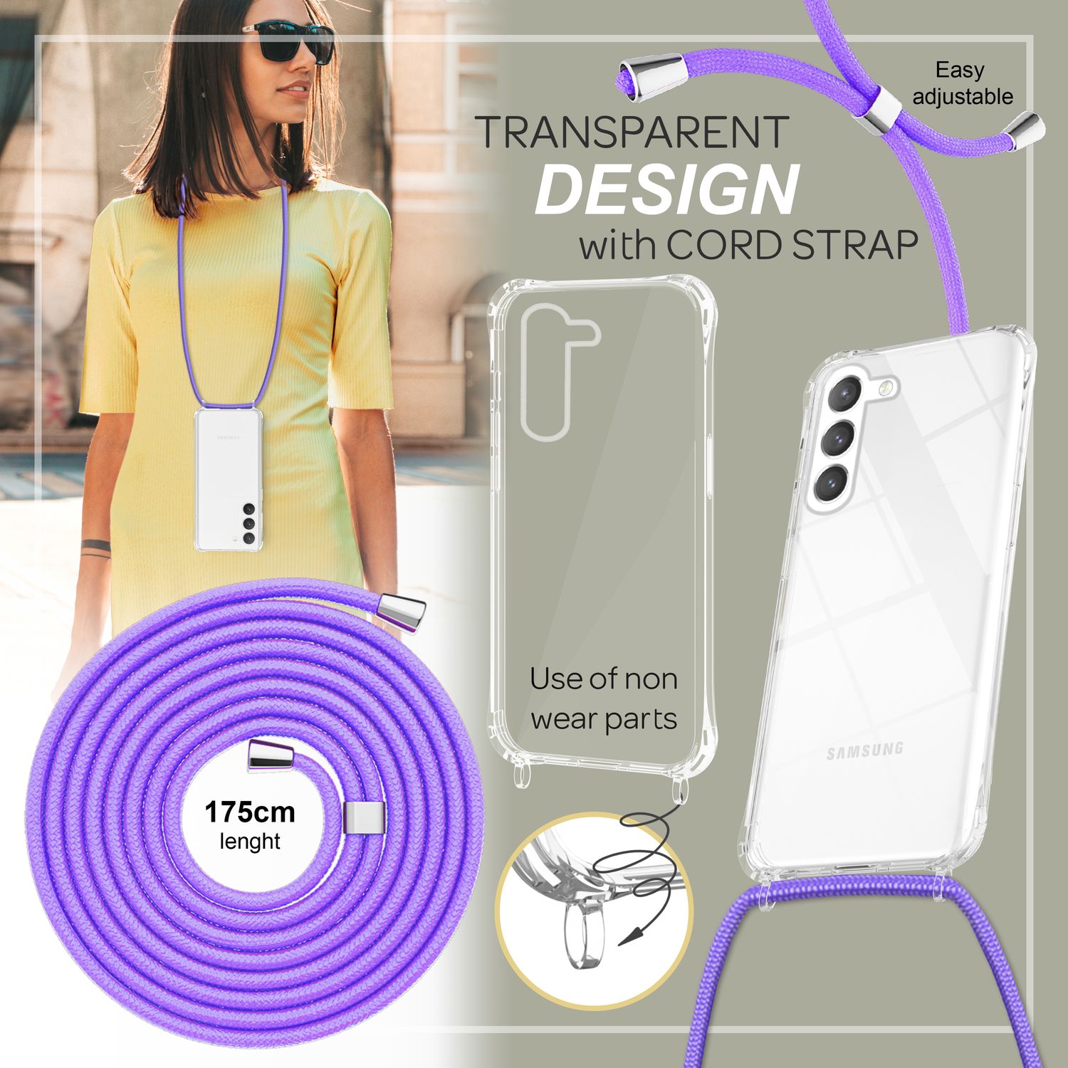 Hybrid Handyhülle mit Umhängekette für Samsung Galaxy S23 transparent