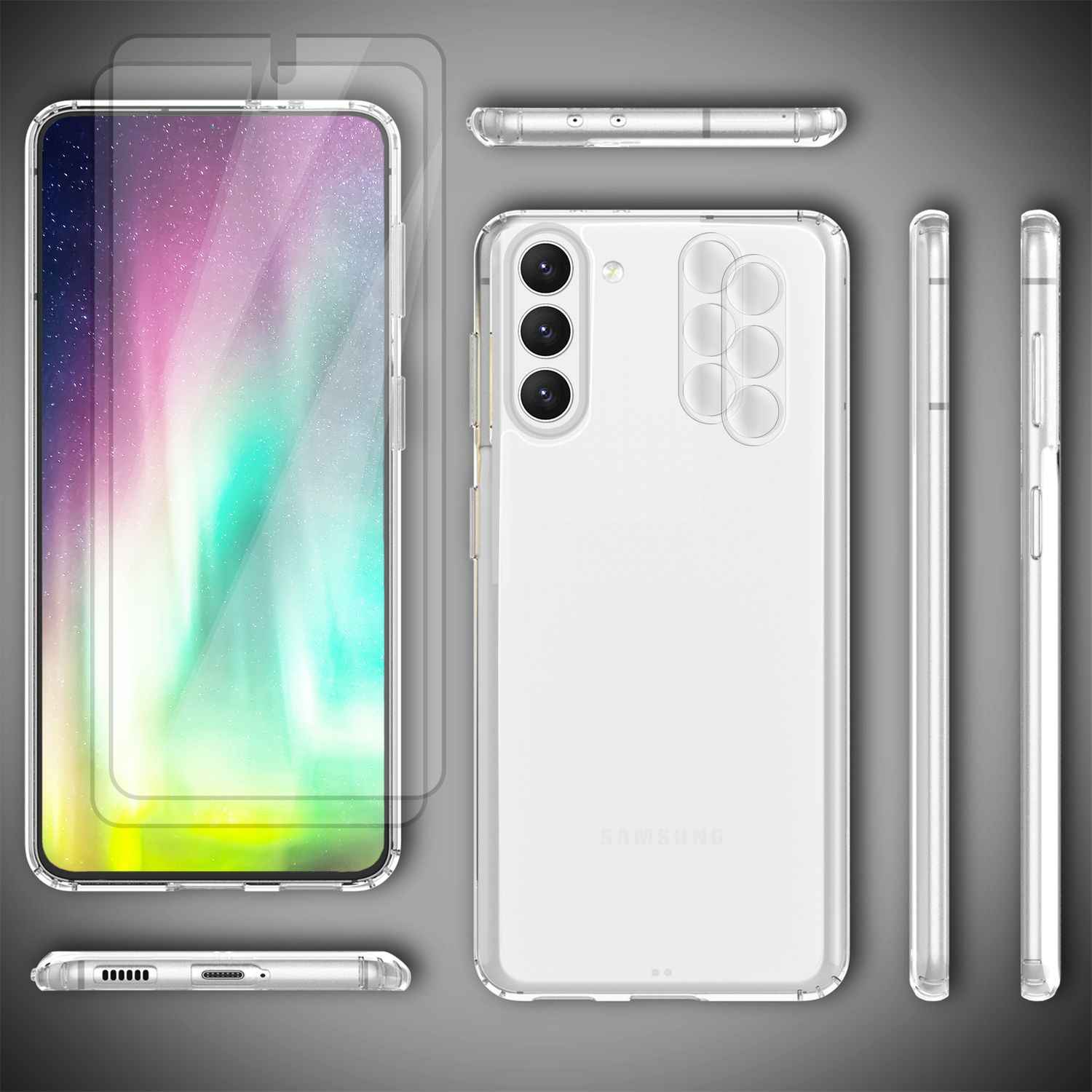 Klare Hülle für Samsung Galaxy S23, 2x Displayglas & Kameraschutz, Transparent