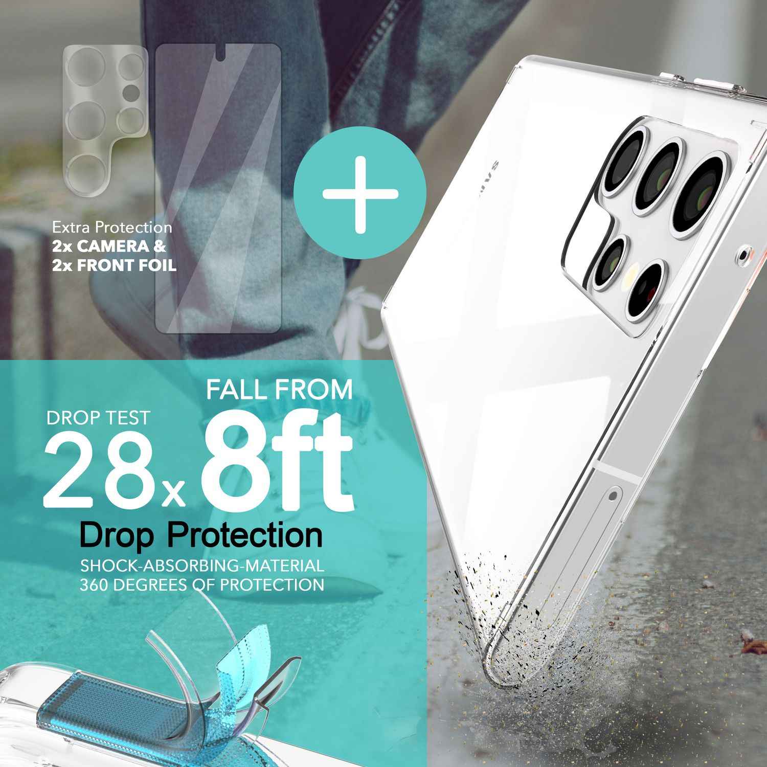 Klare Hülle für Samsung Galaxy S23 Ultra, 2x Display-/ Kameraschutz, Transparent