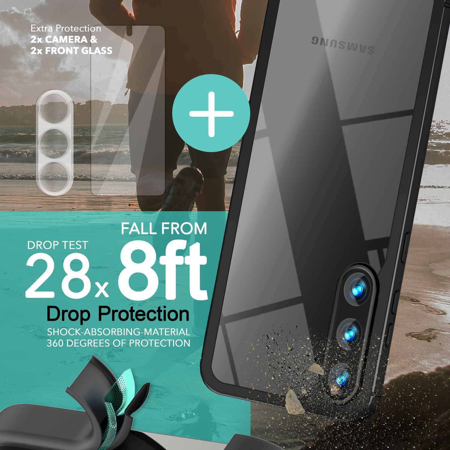 Klare Hybrid Hülle für Samsung Galaxy S23, 2x Displayglas/ Kameraschutz, Schwarz