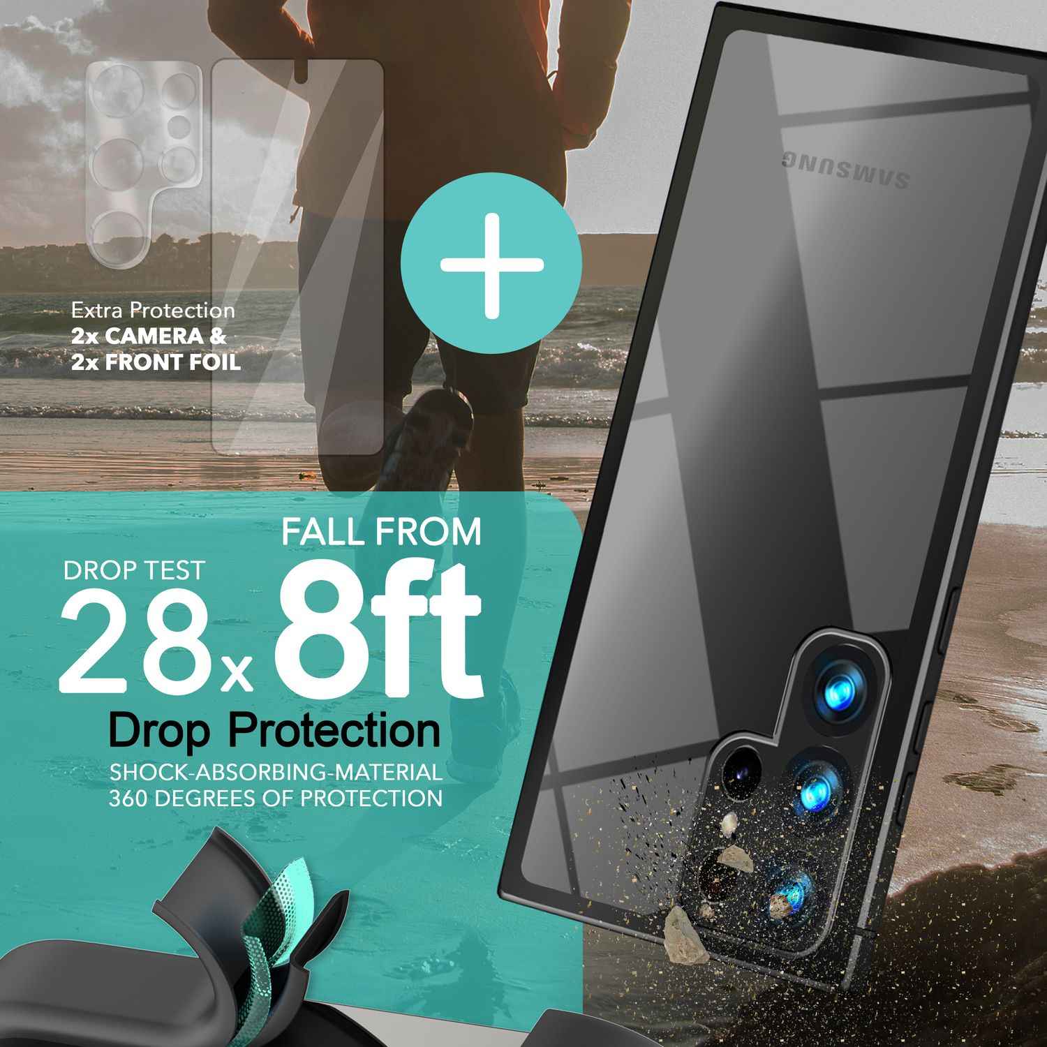 Hybrid Hülle für Samsung Galaxy S23 Ultra, 2x Display- & Kameraschutz, Schwarz