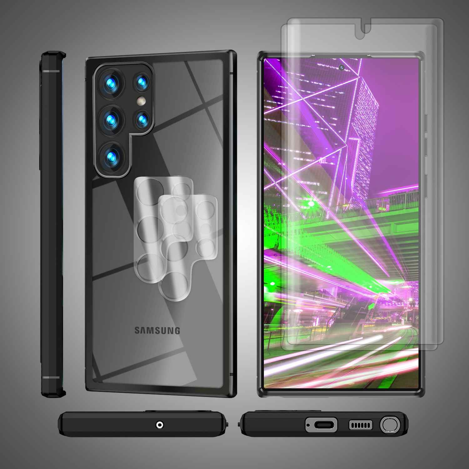 Hybrid Hülle für Samsung Galaxy S23 Ultra, 2x Display- & Kameraschutz, Schwarz