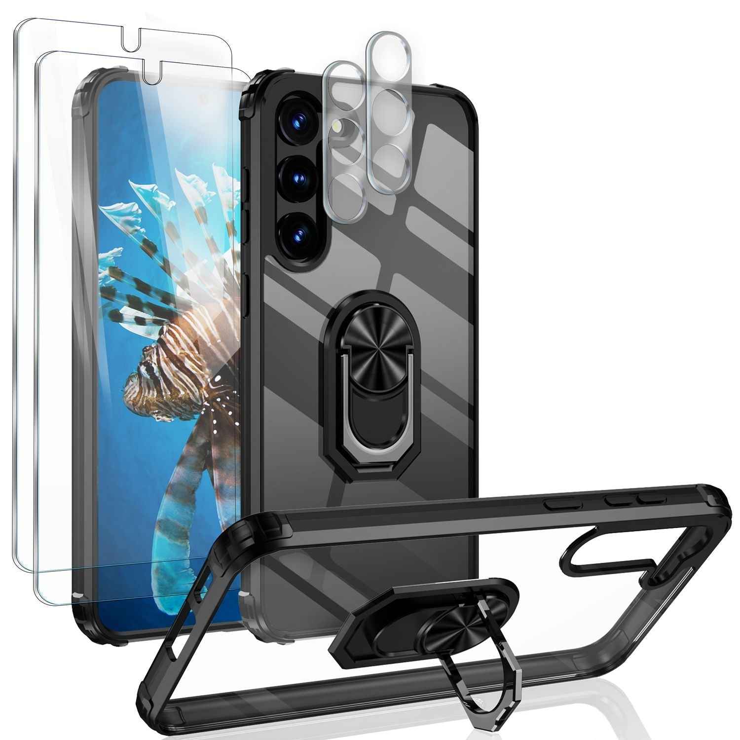 Klare Ring Hülle für Samsung Galaxy S23, 2x Displayglas & Kameraschutz, Schwarz