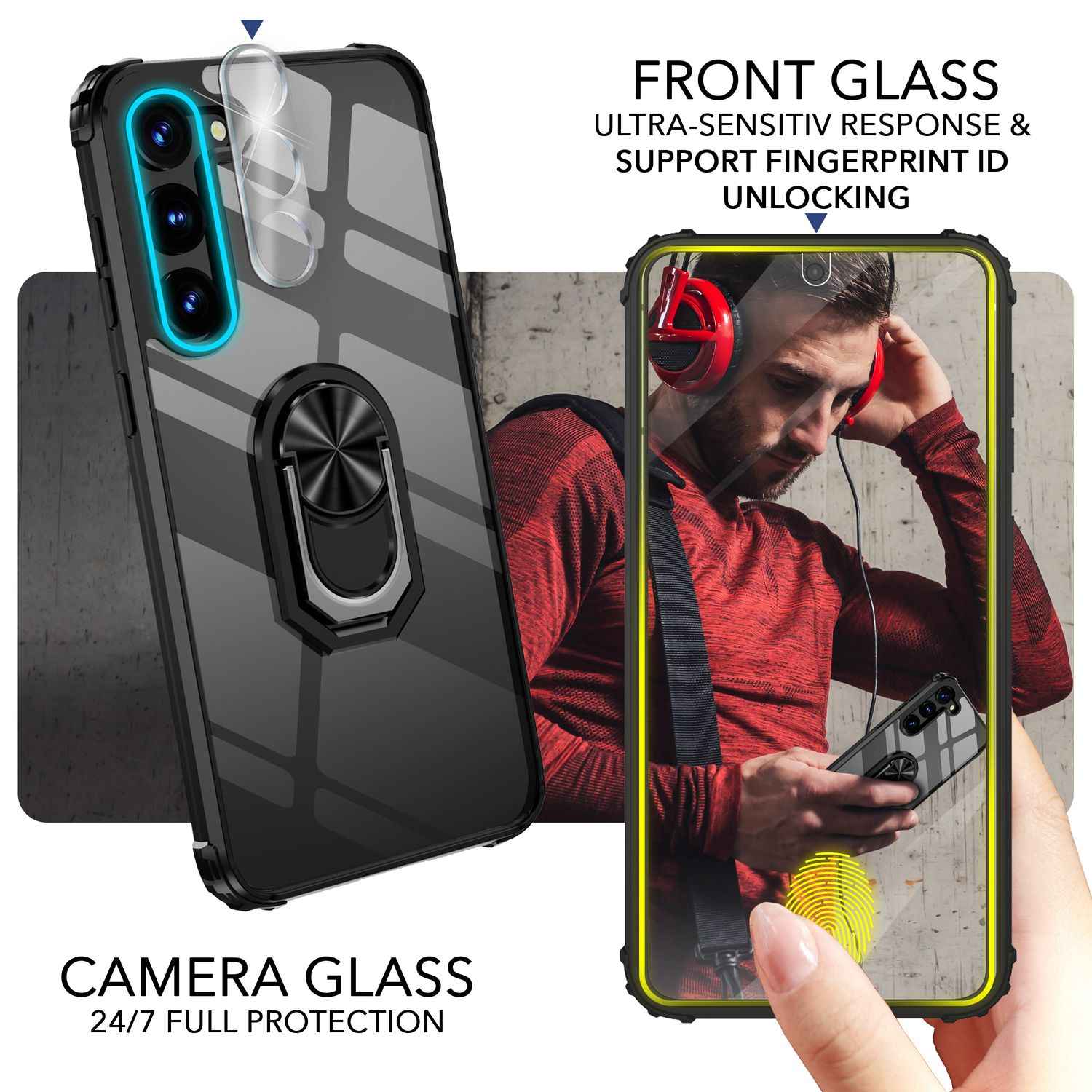 Klare Ring Hülle für Samsung Galaxy S23, 2x Displayglas & Kameraschutz, Schwarz