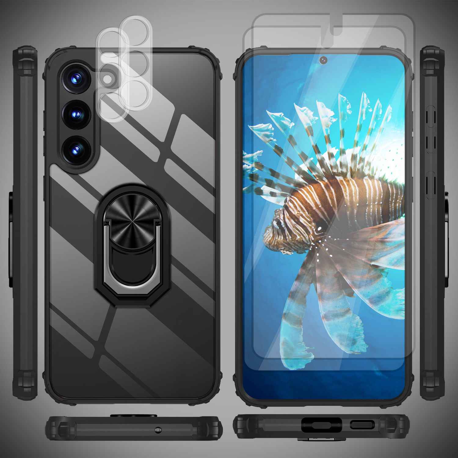 Klare Ring Hülle für Samsung Galaxy S23, 2x Displayglas & Kameraschutz, Schwarz