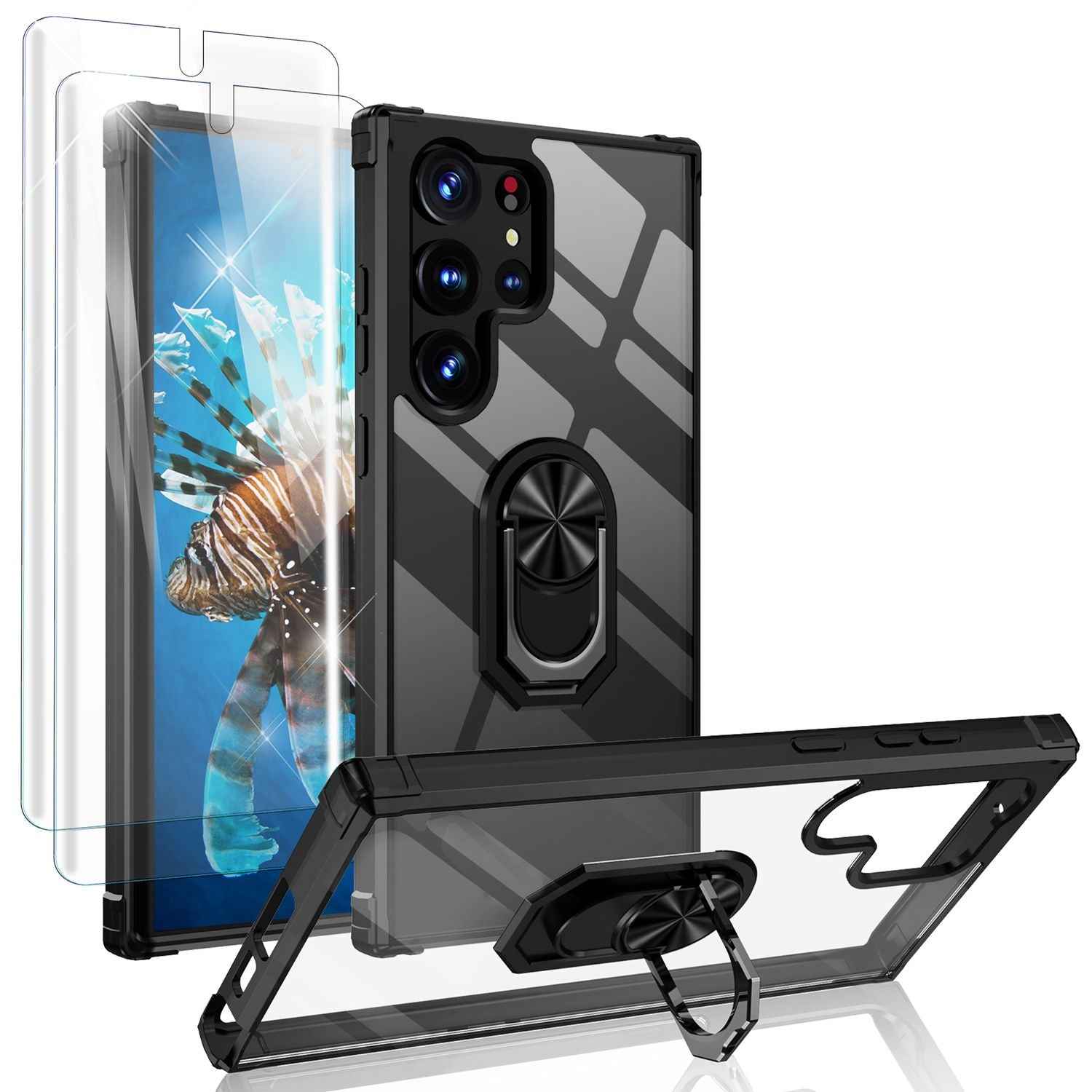 Klare Ring Hülle für Samsung Galaxy S23 Ultra, 2x Displayschutz Folie, Schwarz