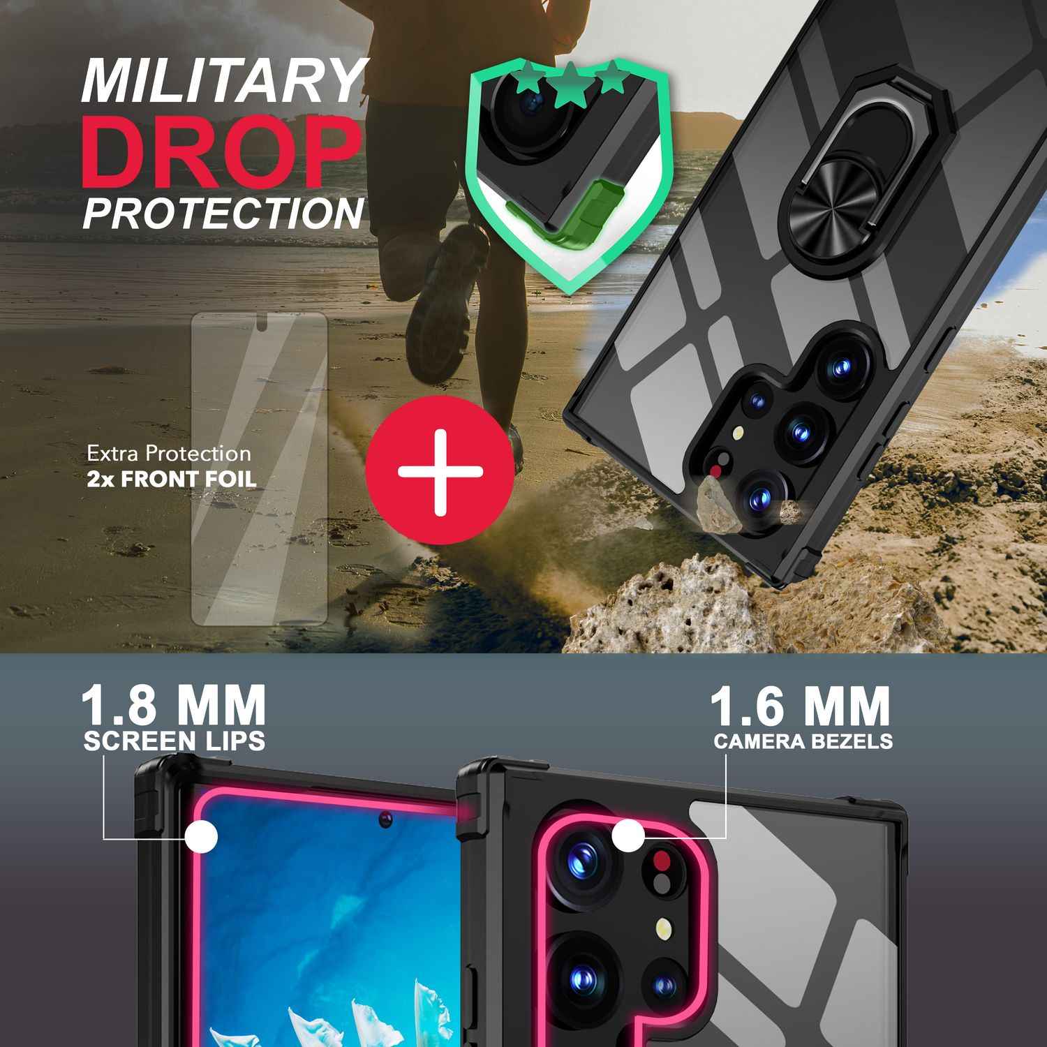 Klare Ring Hülle für Samsung Galaxy S23 Ultra, 2x Displayschutz Folie, Schwarz
