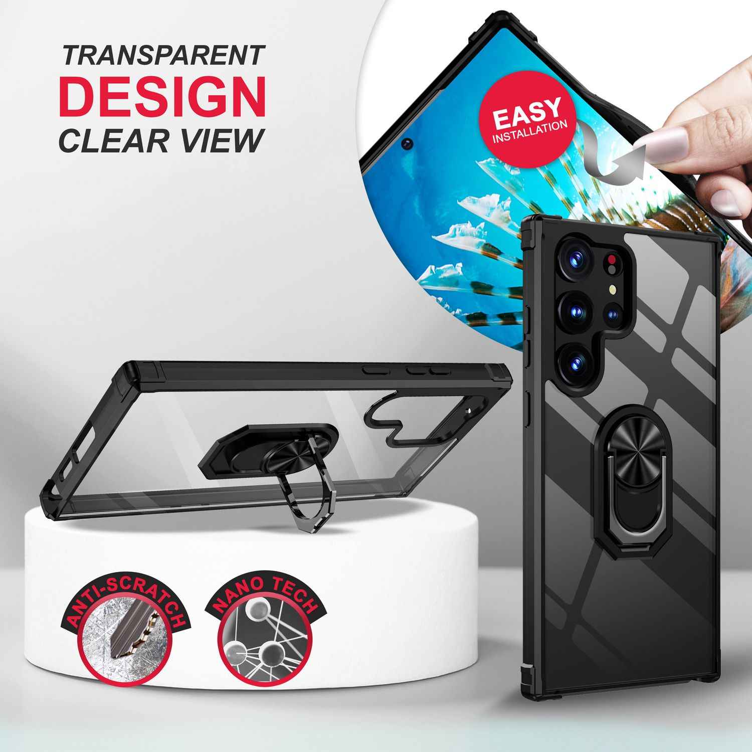 Klare Ring Hülle für Samsung Galaxy S23 Ultra, 2x Displayschutz Folie, Schwarz