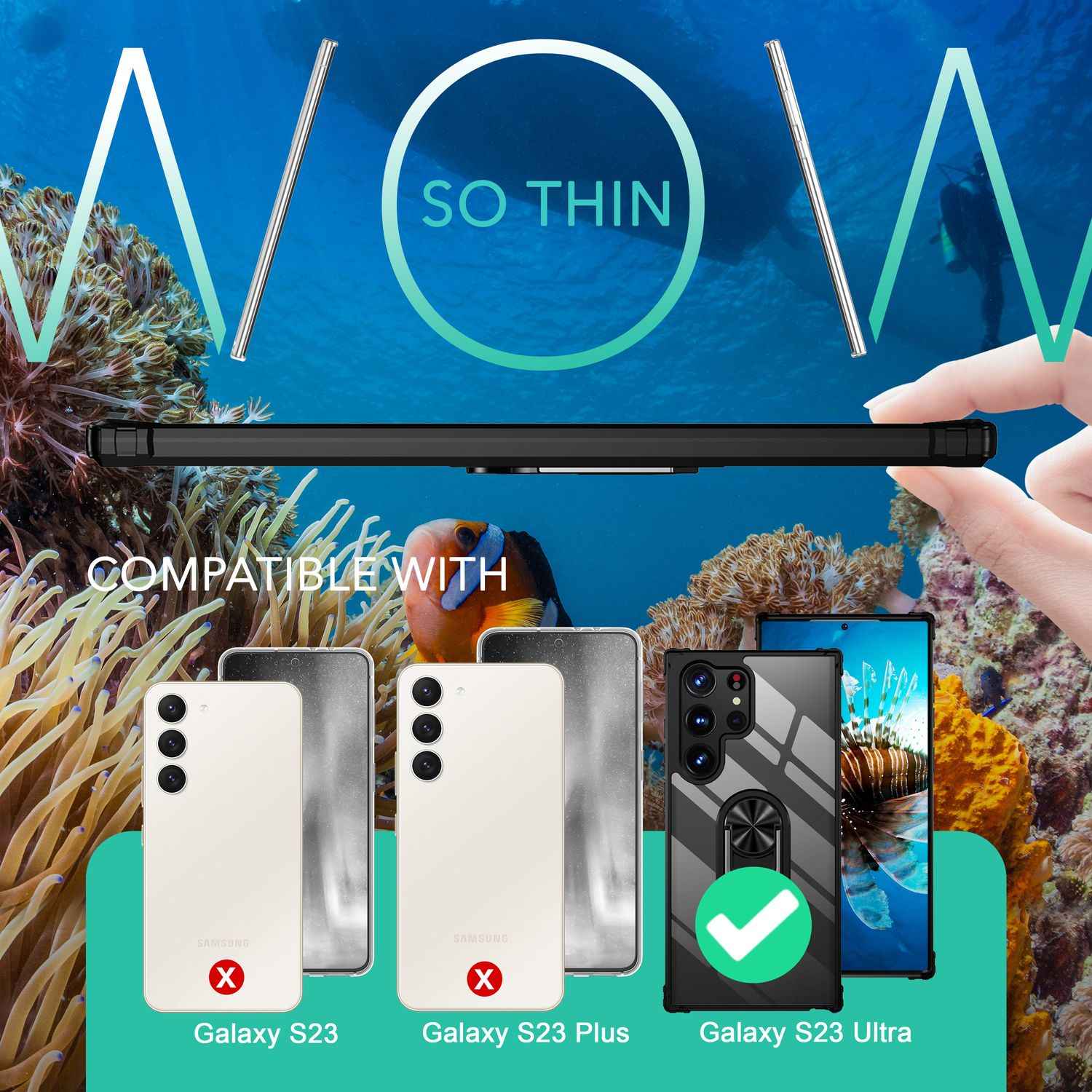 Klare Ring Hülle für Samsung Galaxy S23 Ultra, 2x Displayschutz Folie, Schwarz