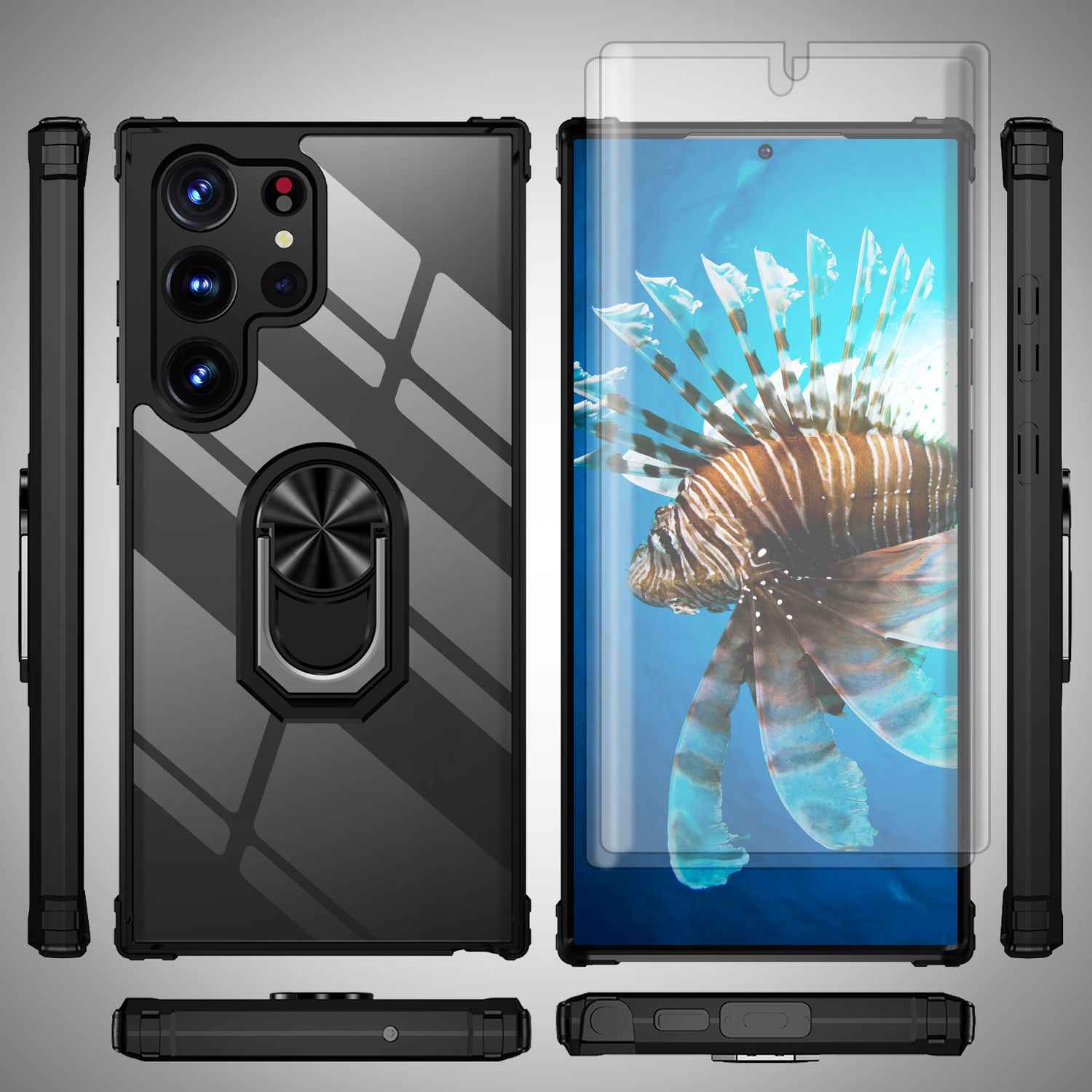 Klare Ring Hülle für Samsung Galaxy S23 Ultra, 2x Displayschutz Folie, Schwarz