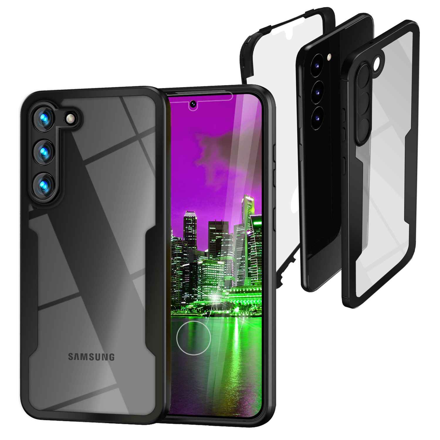 Klare 360 Grad Hybrid Hülle für Samsung Galaxy S23, Full-Cover Schutz, Schwarz