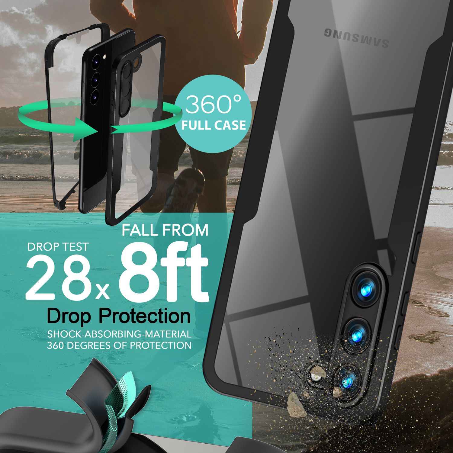 Klare 360 Grad Hybrid Hülle für Samsung Galaxy S23, Full-Cover Schutz, Schwarz