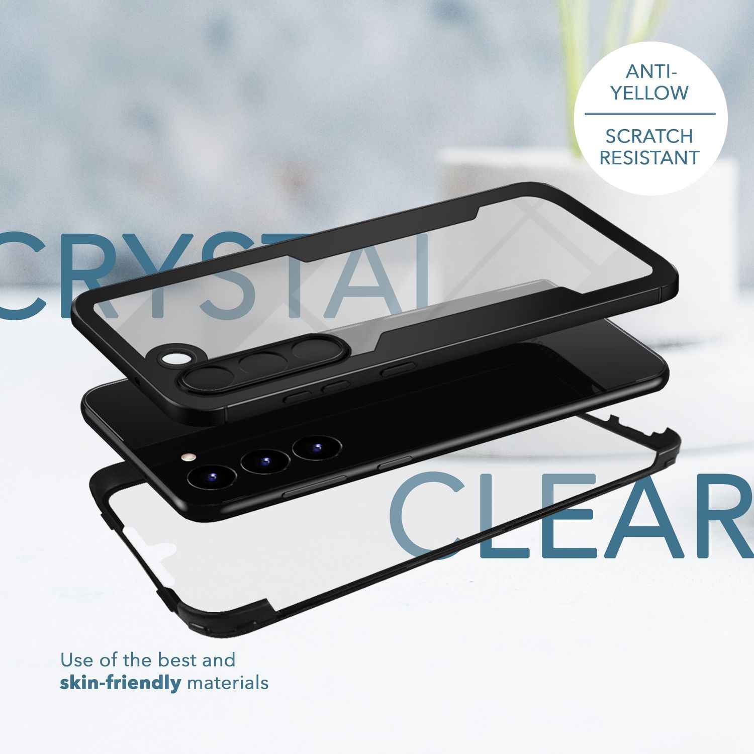 Klare 360 Grad Hybrid Hülle für Samsung Galaxy S23, Full-Cover Schutz, Schwarz