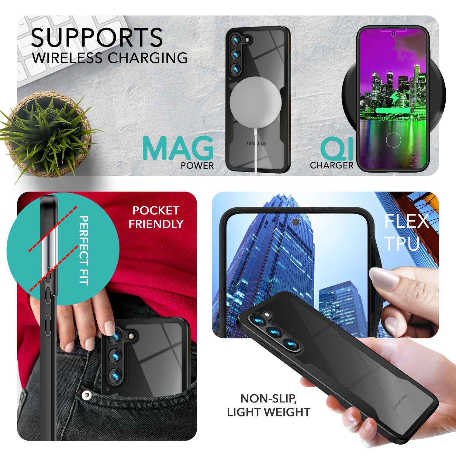 Klare 360 Grad Hybrid Hülle für Samsung Galaxy S23 Plus, Full-Body Case, Schwarz