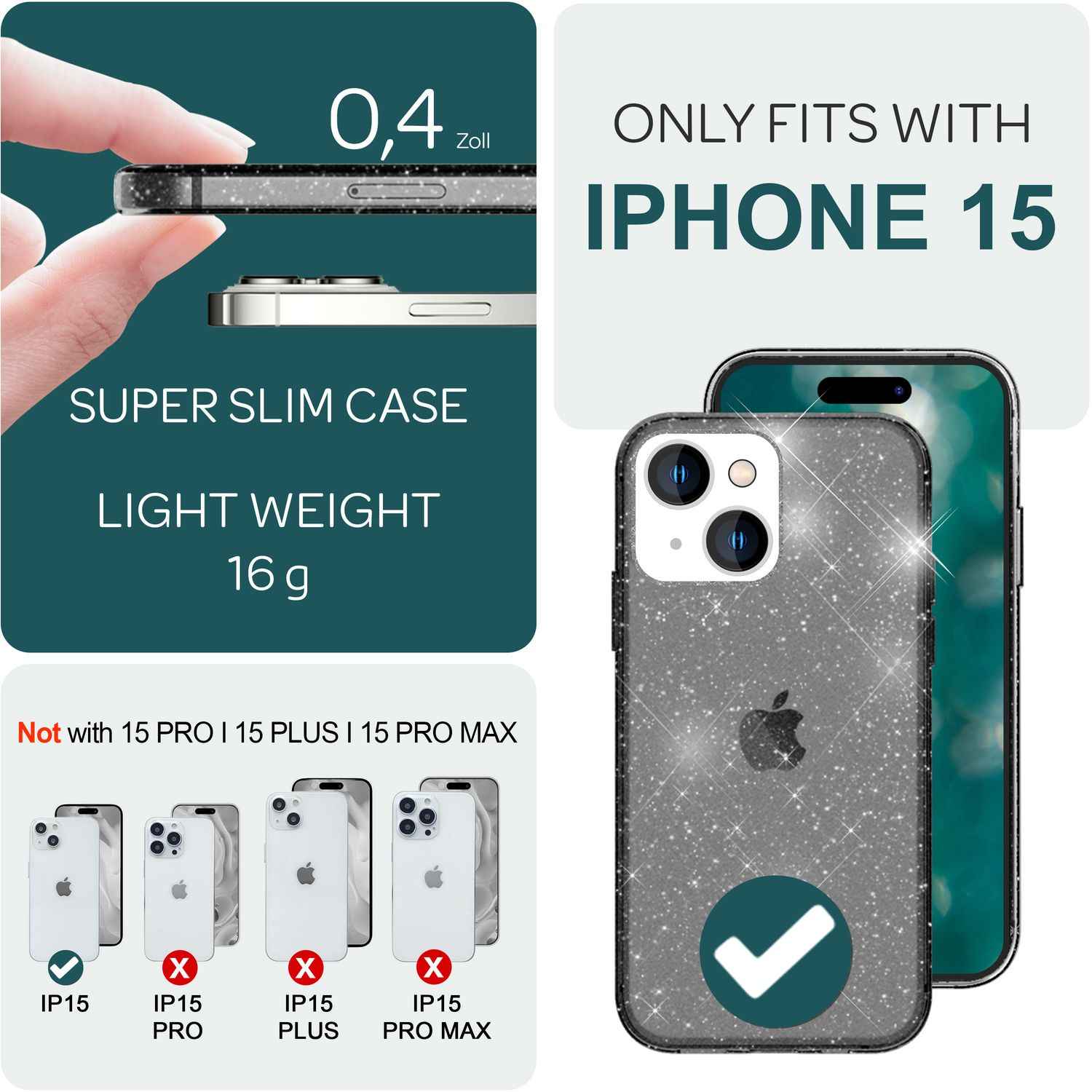 Glitzer Hülle für iPhone 15 Bling Case Klar Silikon Handyhülle Schutz Tasche TPU