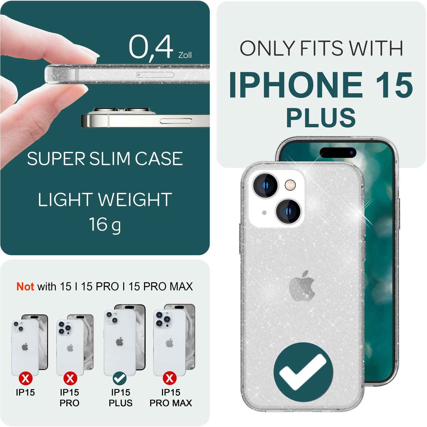 Glitzer Hülle für iPhone 15 Plus Bling Case Klar Silikon Handyhülle Tasche Cover