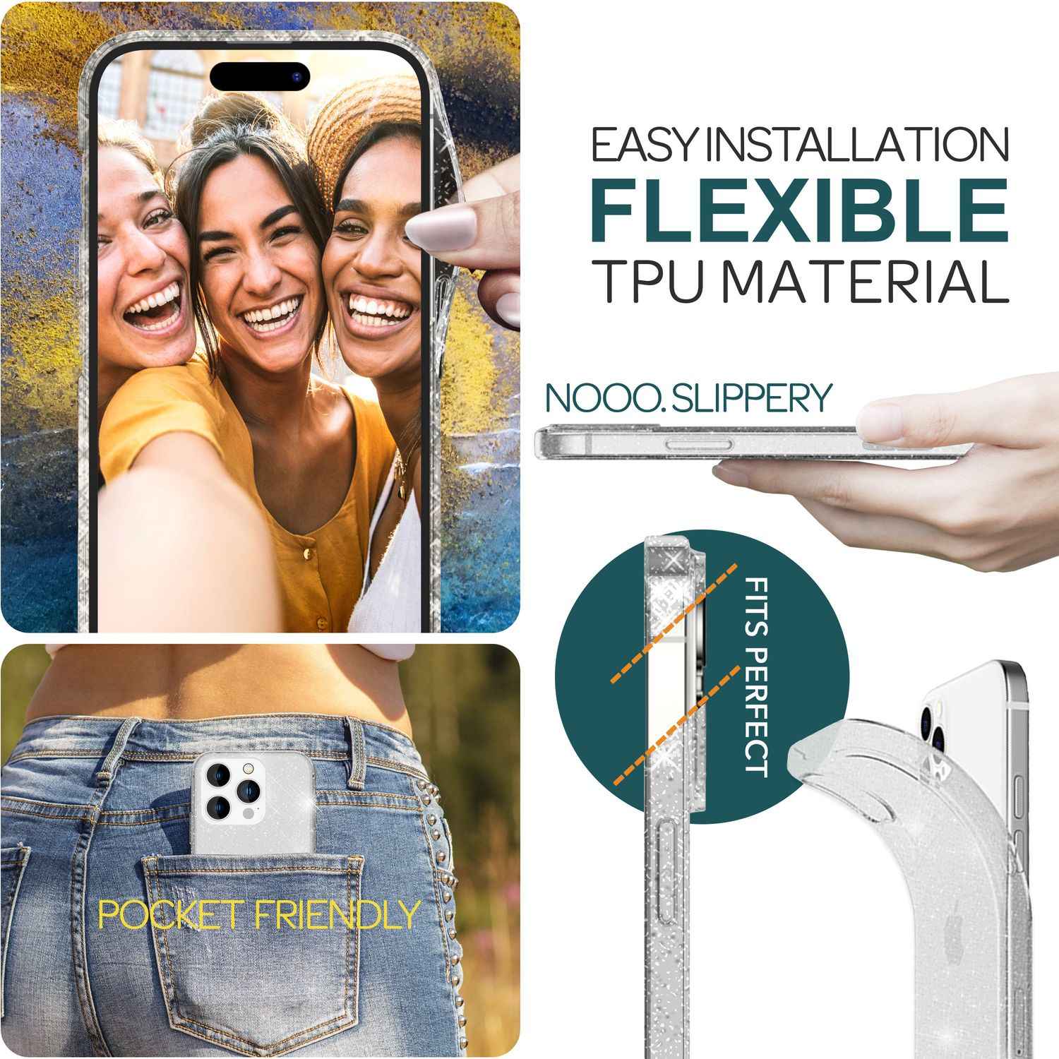 Glitzer Hülle für iPhone 15 Pro Bling Case Klar Silikon Handyhülle Schutz Tasche
