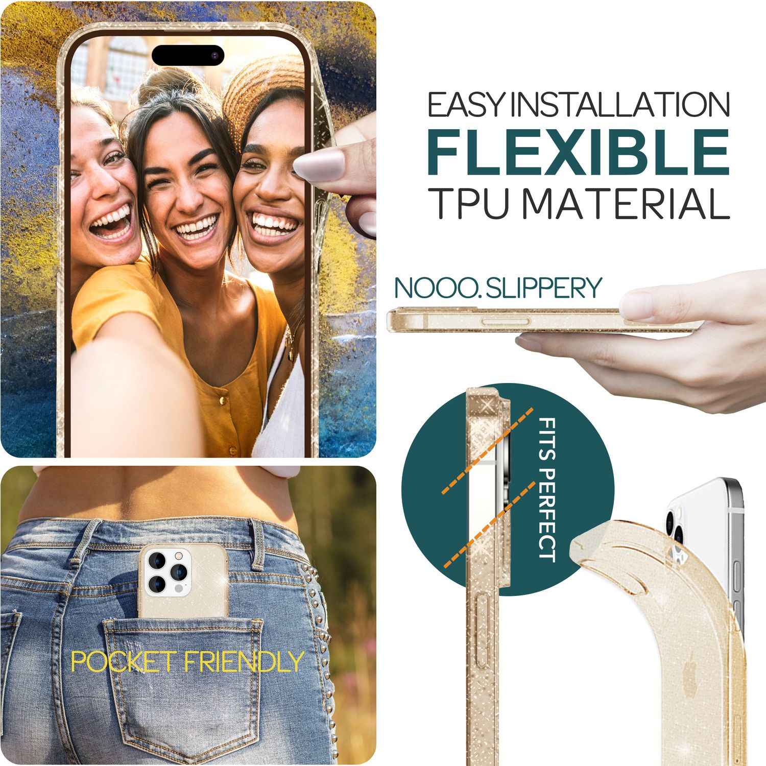 Glitzer Hülle für iPhone 15 Pro Bling Case Klar Silikon Handyhülle Schutz Tasche