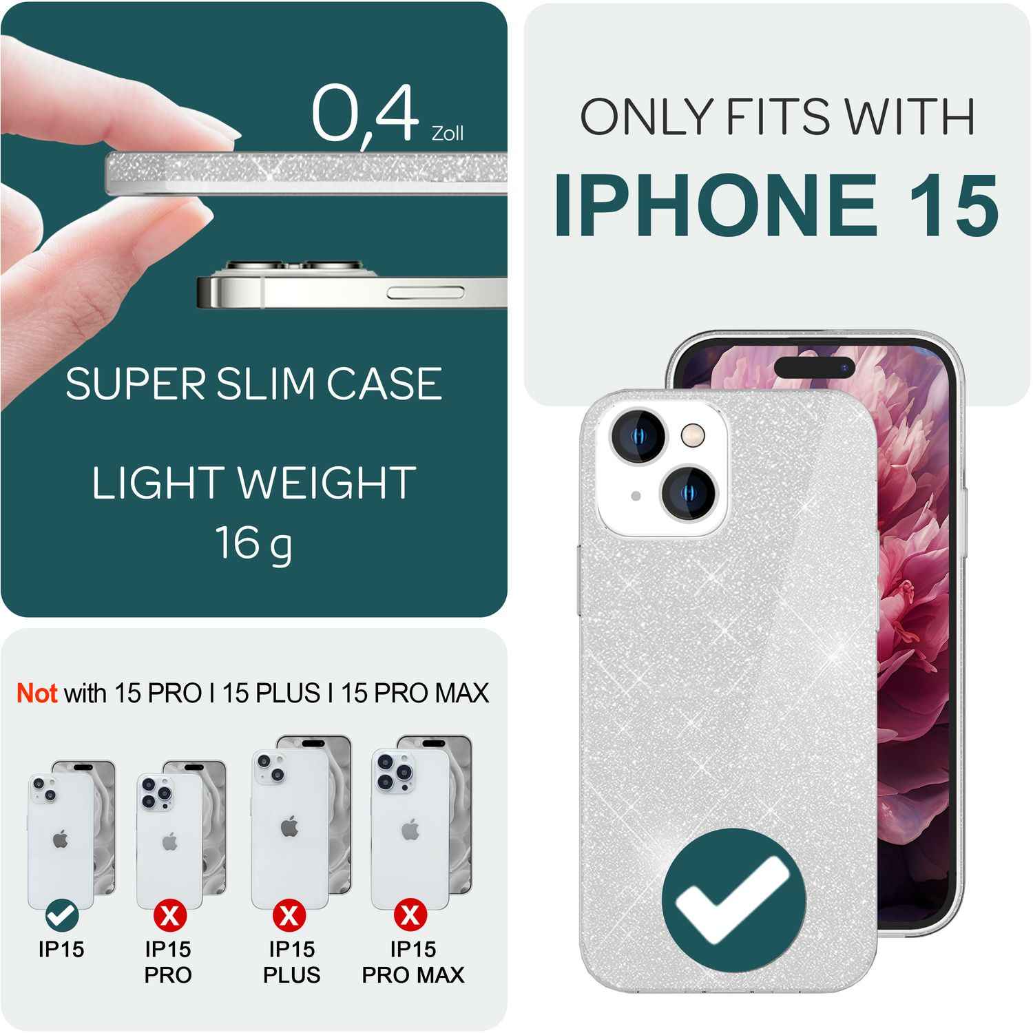 Glitzer Hülle für iPhone 15 Hybrid Bling Case Silikon Handyhülle Schutz Tasche