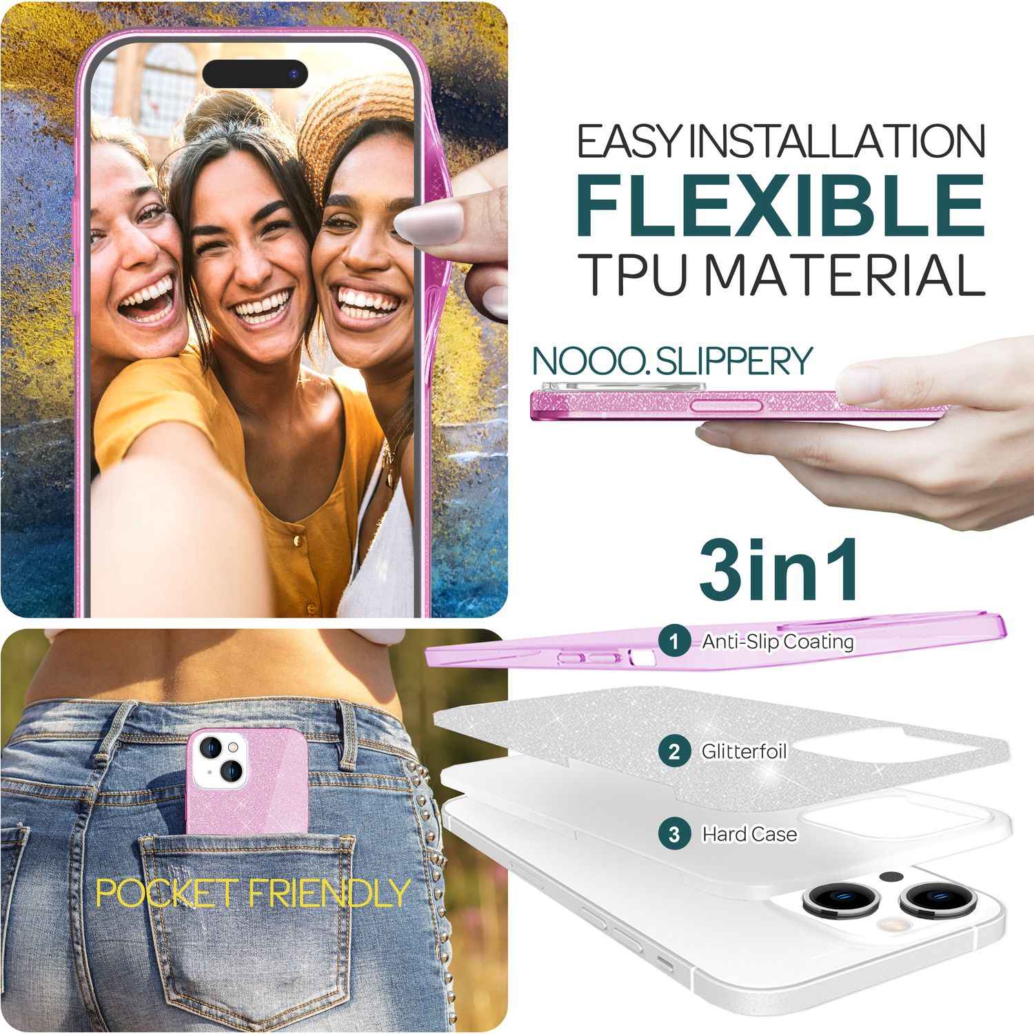 Glitzer Hülle für iPhone 15 Hybrid Bling Case Silikon Handyhülle Schutz Tasche